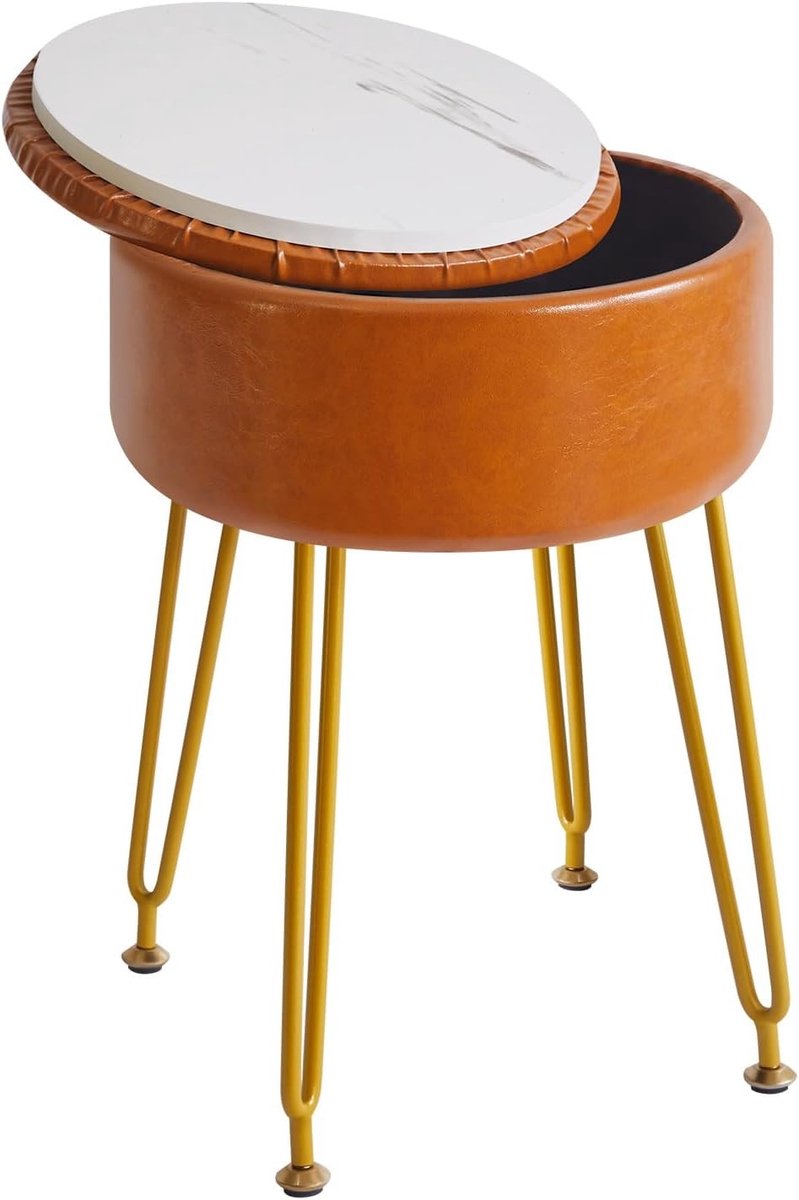 Faux Leather Ronde Voetensteun met Opbergruimte, Make-up Kruk en Bijzettafel met Verwijderbare Hoes en Stalen Poten in Lichtbruin