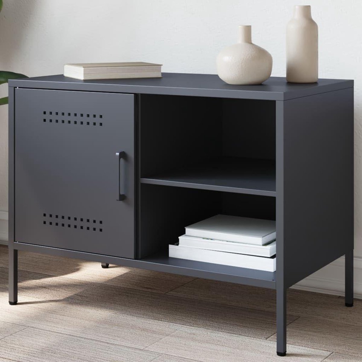 TV Meubel - Mediabureau Kast - Woonkamer Opbergen - Stalen Frame - 68 cm Breed - Antraciet