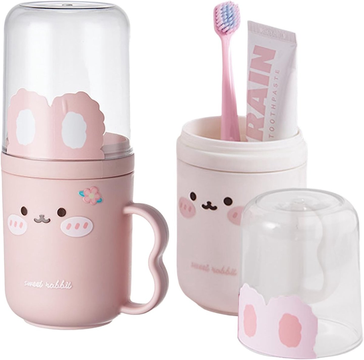 Set van 2 Kindertandenborstels met Cartoon Ontwerp en Reisdoos, Ideaal voor Camping en Dagelijks Gebruik, 6.5 x 17.5 cm, Wit en Roze, Kindvriendelijk en Praktisch