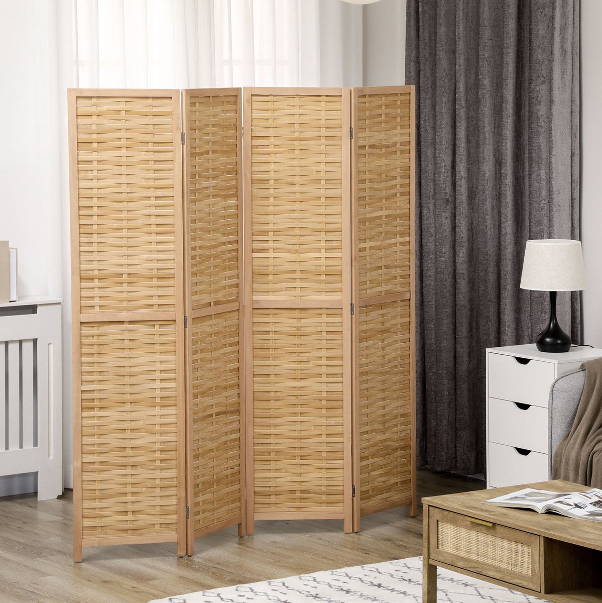 COVREO Paravent 160x170 cm naturel hout, 4-delig en opvouwbaar