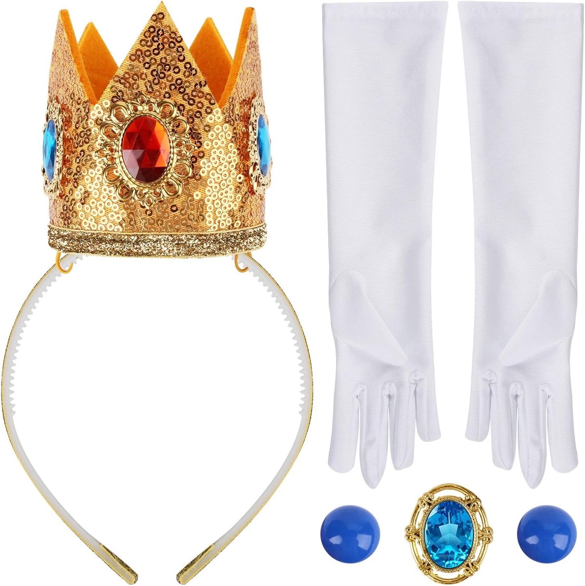 Kostuumaccessoires voor meisjes - 4-delige set met kroon, oorbellen, handschoenen en broche voor verkleedpartijen, dansfeesten en rollenspellen