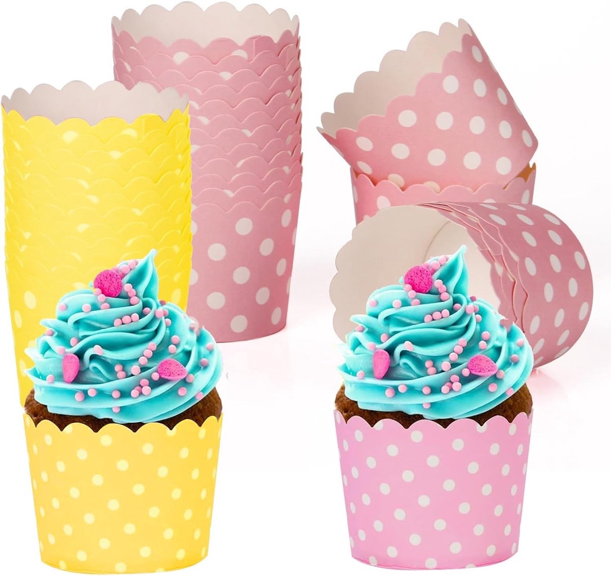 100 Stuks Cupcake Wikkels en Muffin Cups van Papier voor Bakdagen, Verjaardagen en Feestjes, Roze en Geel - Ideaal voor Taarten en Gebak