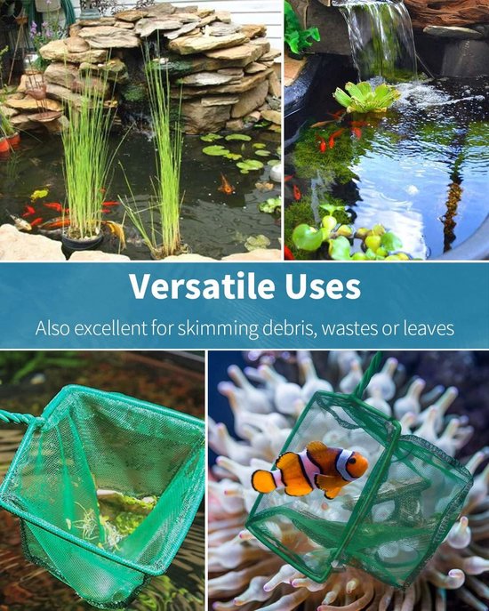 Klein vierkant aquariumschepnet met gevlochten handgreep, ideaal voor visvijvers, koivijvers en zwembaden, zacht fijnmazig reinigingsnet voor zorgvuldige hantering van vissen van klein — afbeelding 4