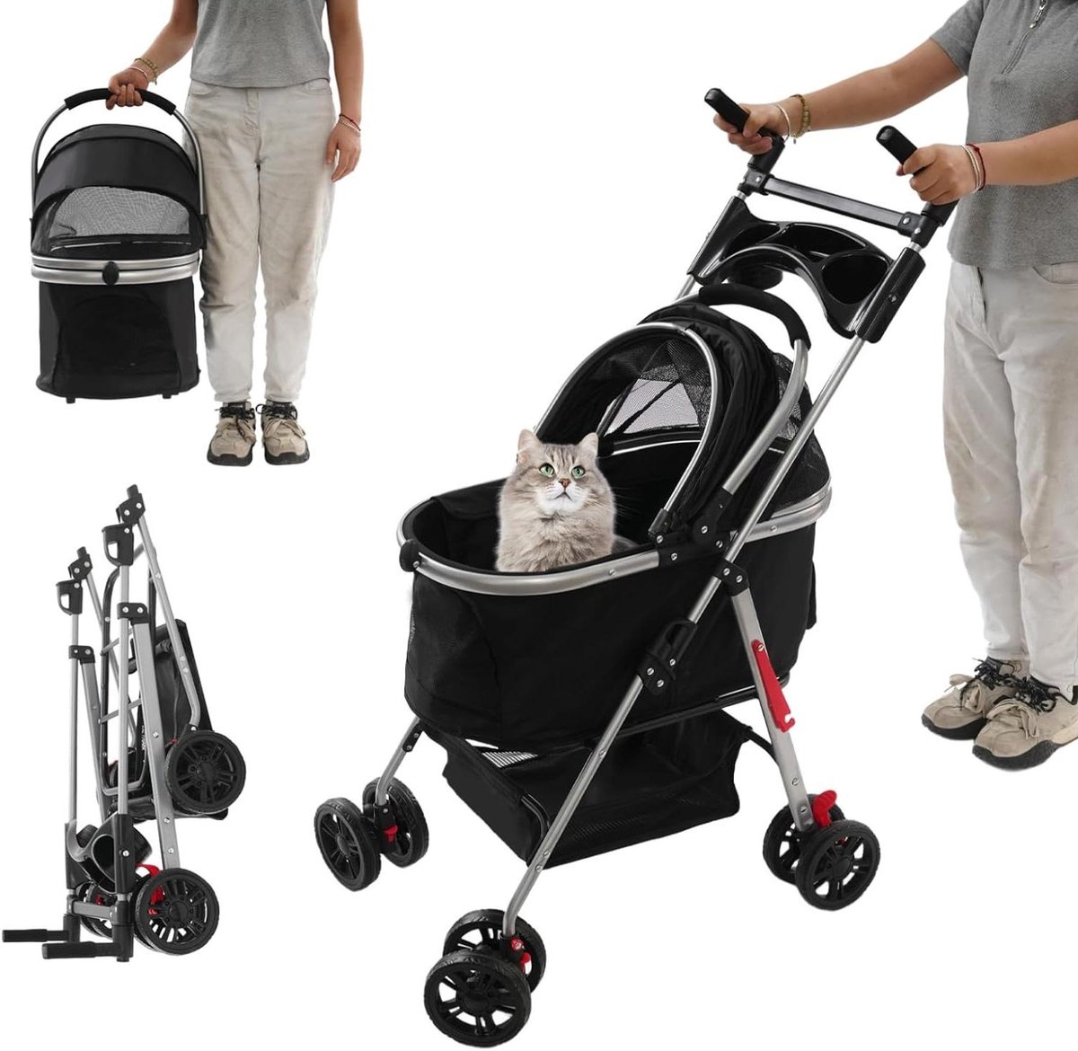 Huisdierwagen - Dierenbuggy Hondenbuggy - Comfortabel Reizen - Afneembare Draagmand - 12 kg - Zwart
