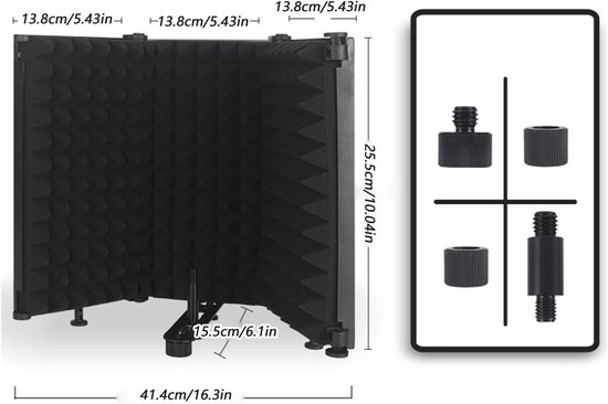 Zwart microfoonisolatiescherm met schuimstructuur, met afmetingen in cm en inches.