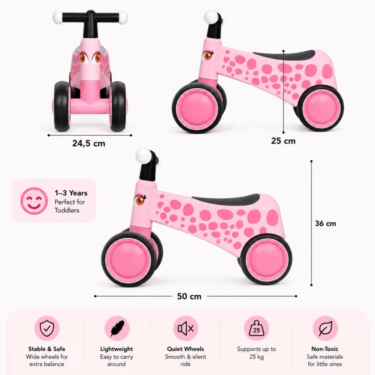 VROOOMY Baby Loopfiets 1 tot 3 jaar – Stabiele Loopwagen met LED-verlichting in het Stuur – Kinderfiets met 4 EVA-Wielen & Ergonomisch Design – Roze thumbnail 4