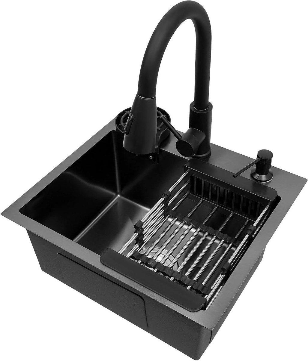 Rvs Keuken Zink - Spoelbak Zwart - Efficiënte Keuken - Inclusief Kraan - 45 x 40 cm - Zwart
