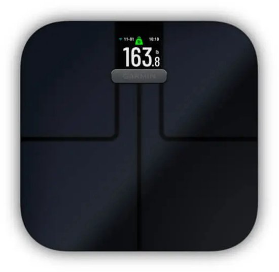 Zwarte Garmin Index S2 slimme weegschaal met display waarop 163.8 lb staat.