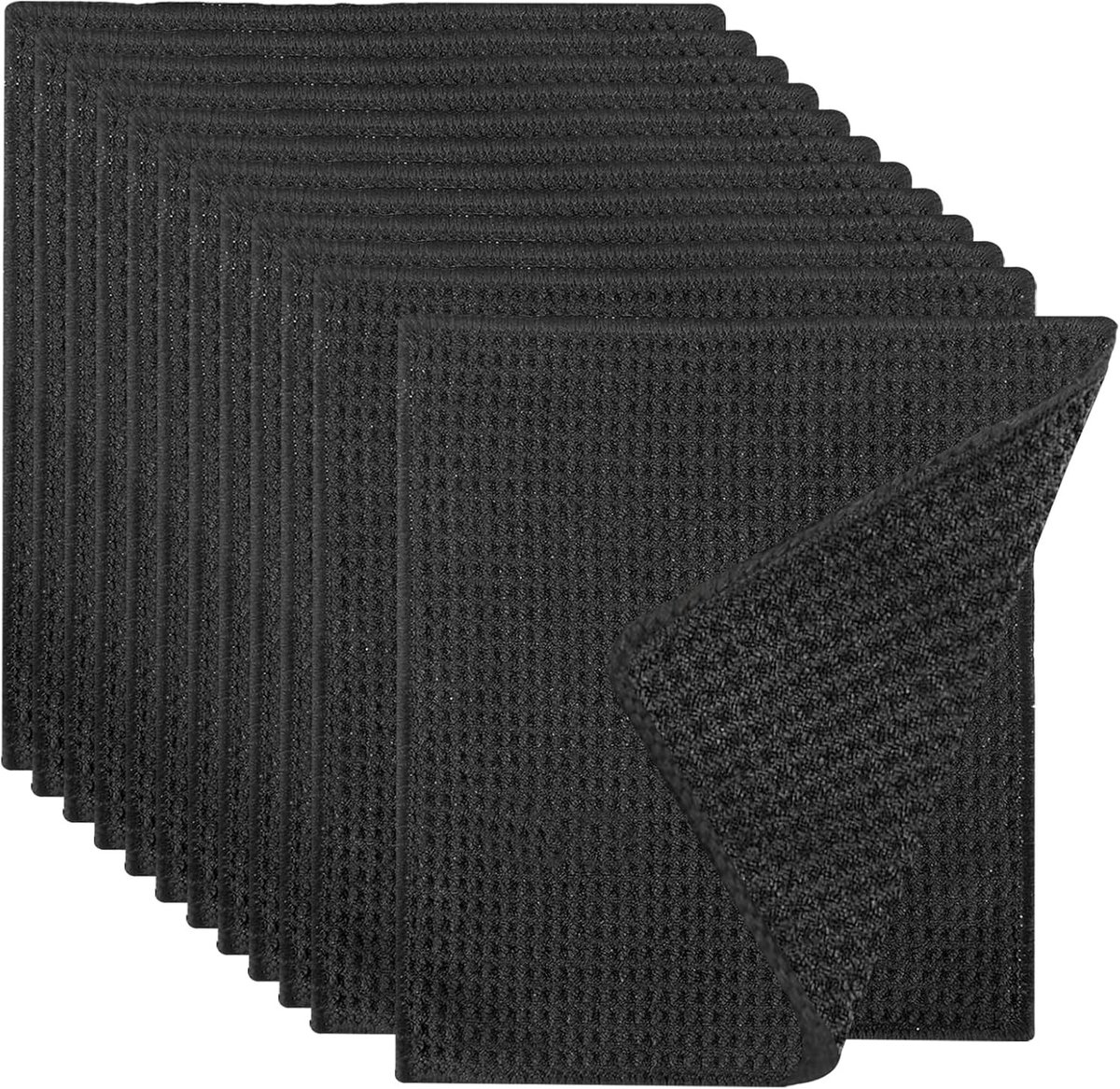 SnelShoppen - Pack van 12 Microvezeldoeken 20x20 cm Zwarte Keuken- en Barista Doeken - Absorberende Wafelstructuur, Wasbare Microfiber Handdoeken voor