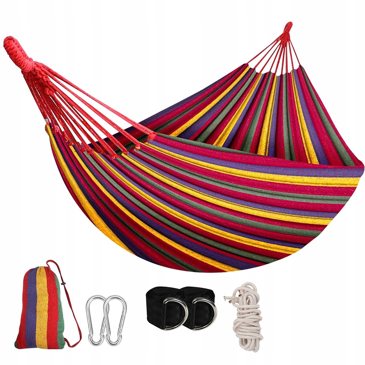 Merkloos Hamak Tuin & Camping 270x150cm, 200kg, Katoen, Rood-Geel Gestreept