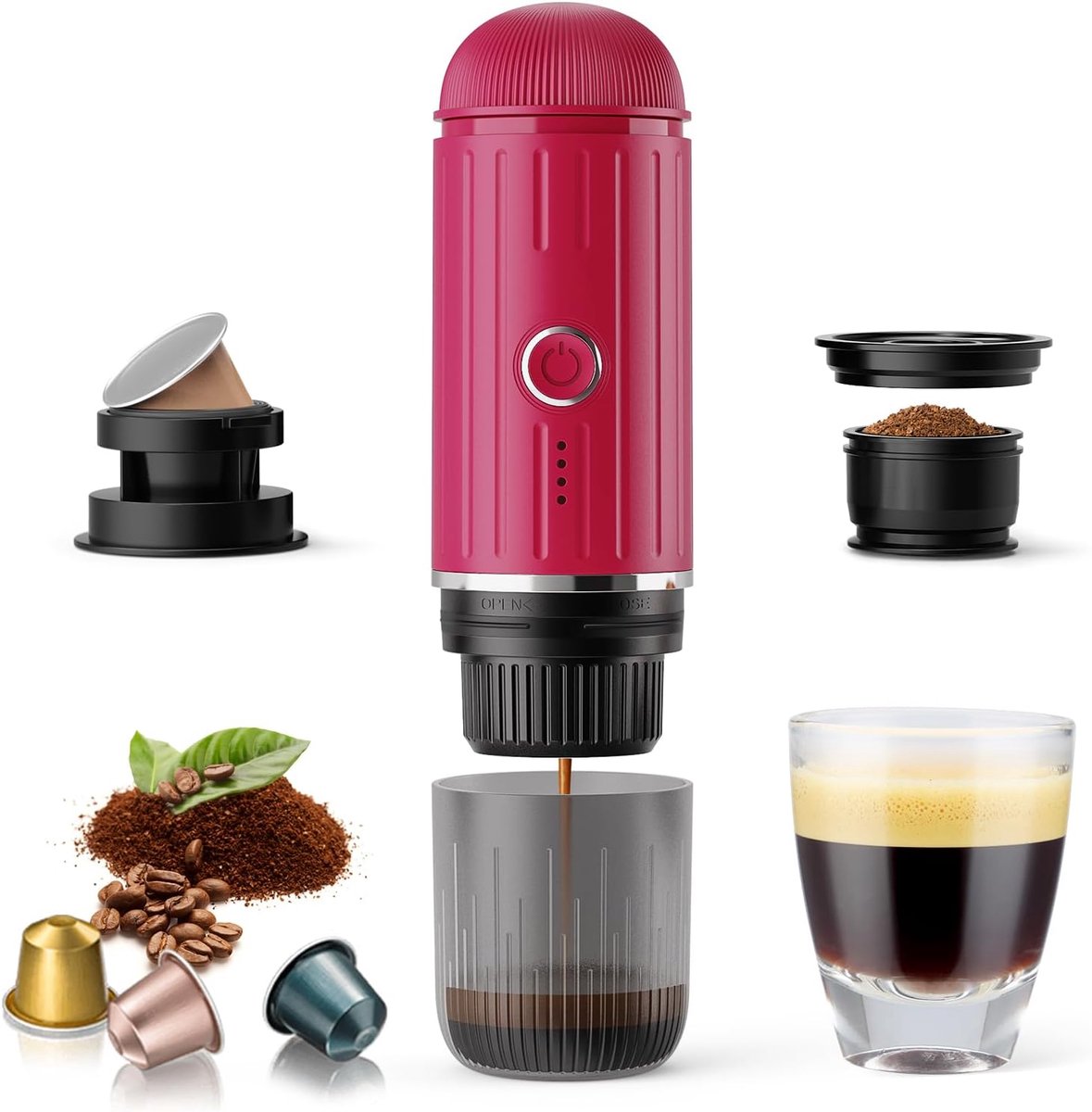 2026 Draagbaar elektrisch koffiezetapparaat voor gemalen koffie en NS-capsules. Snelle zelfverwarmingstechnologie met USB-C. Perfect voor campers, wandelen, kamperen, kantoor en een actieve levensstijl. Een ideaal kerstcadeau voor mannen-rood