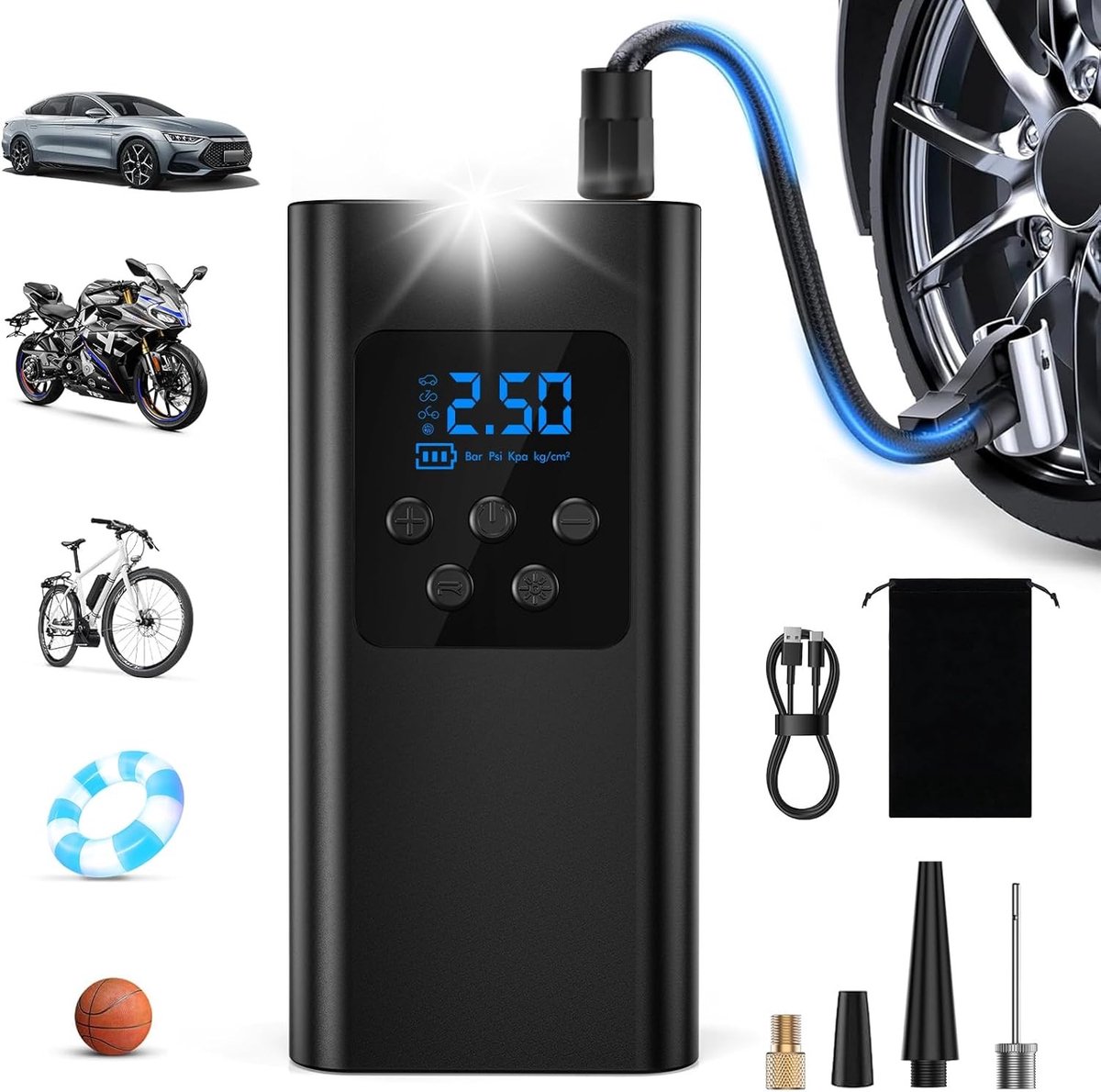 Draagbare Luchtcompressor - Zwart - Krachtige Elektrische Pomp met LED - Voor Auto's, Fietsen, Motorfietsen en Ballen