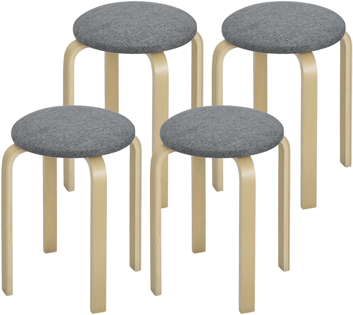 Set van 4 stapelbare krukken - kruk van berkenmultiplex met linnenlook - gestoffeerde kruk voor de eetkamer en woonkamer - grijs