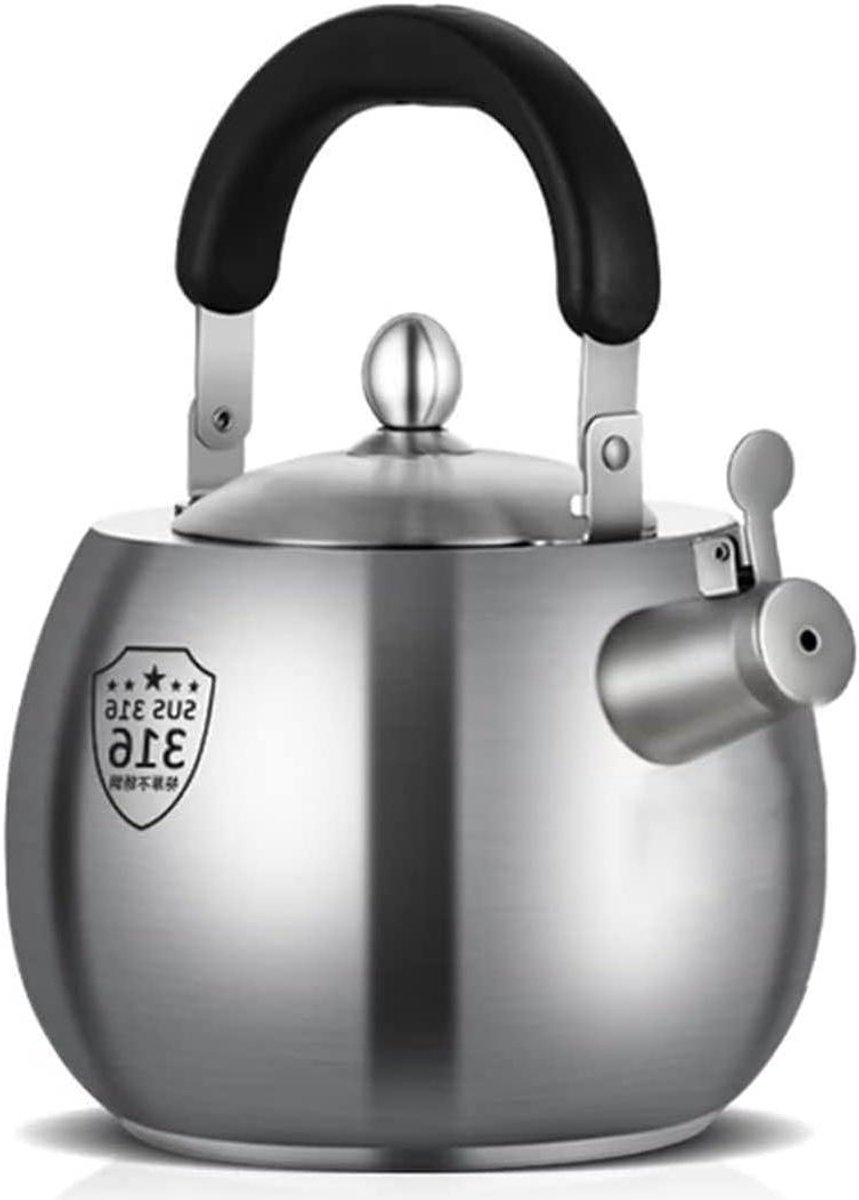 Kookplaat Waterketel - Theeketel Fluitketel - Water Koken - Voedselveilig Roestvrij Staal - 5 Liter - Zilver