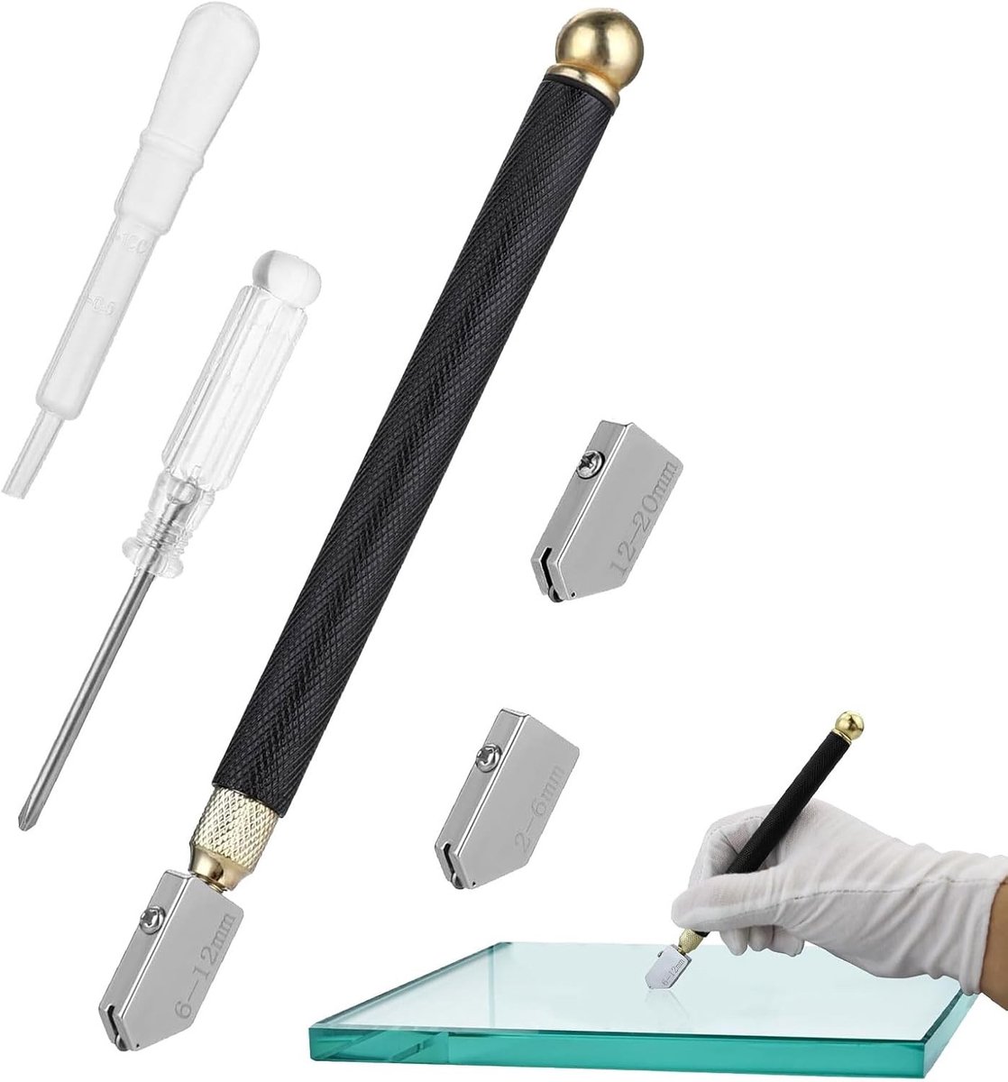 Professionele glassnijdersset - Metaal - Snijbereik 2-20 mm - Hardmetalen Snijkoppen - Voor Glas, Tegels en Mozaïek