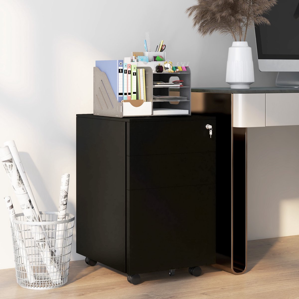 COVREO Archiefkast 37 x 43,5 x 60 cm zwart staal, met slot en wielen