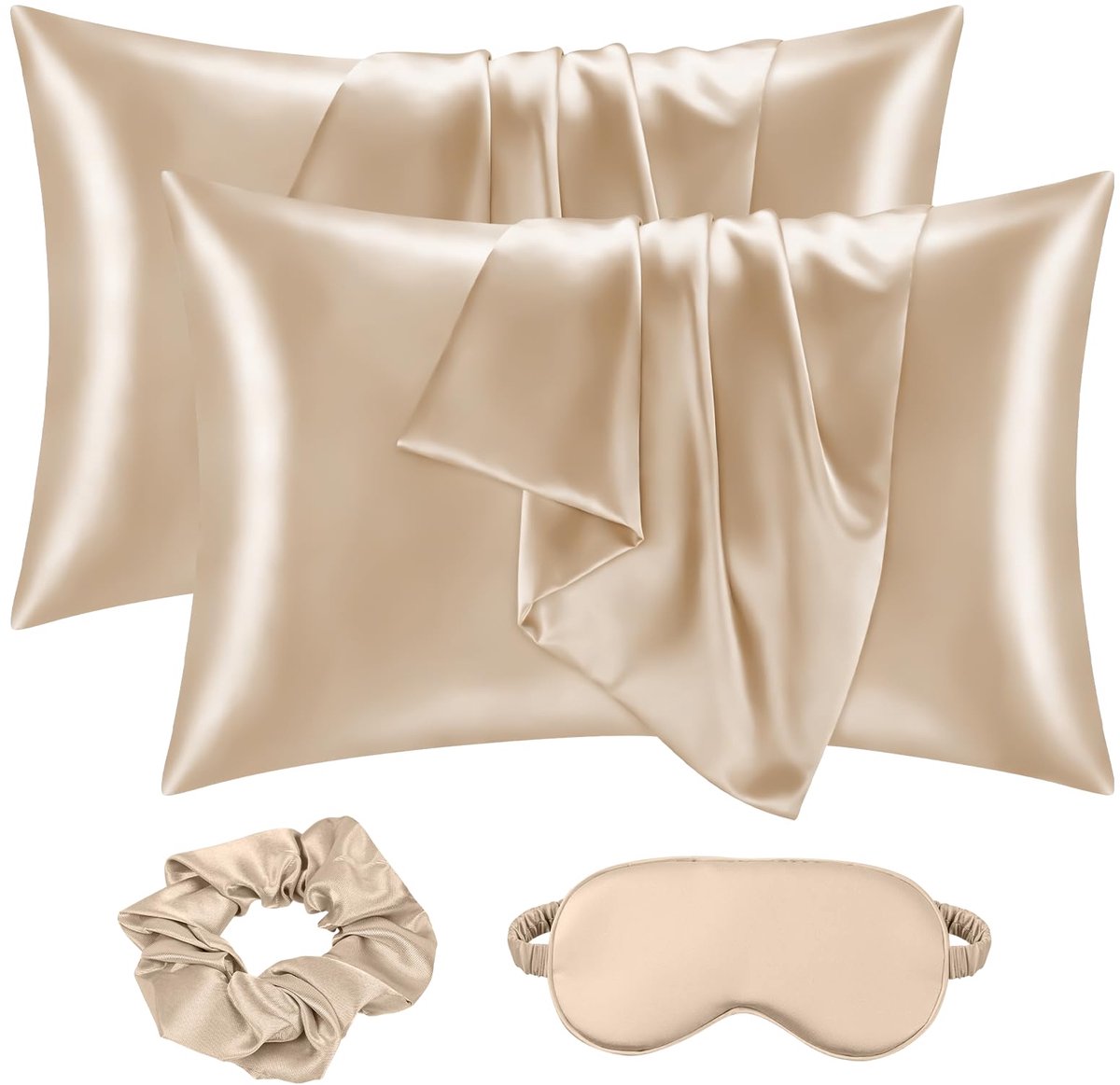 Set van 2 Satin Kussenhoezen 50 x 75 cm Beige met Haargummi en Slaapmasker