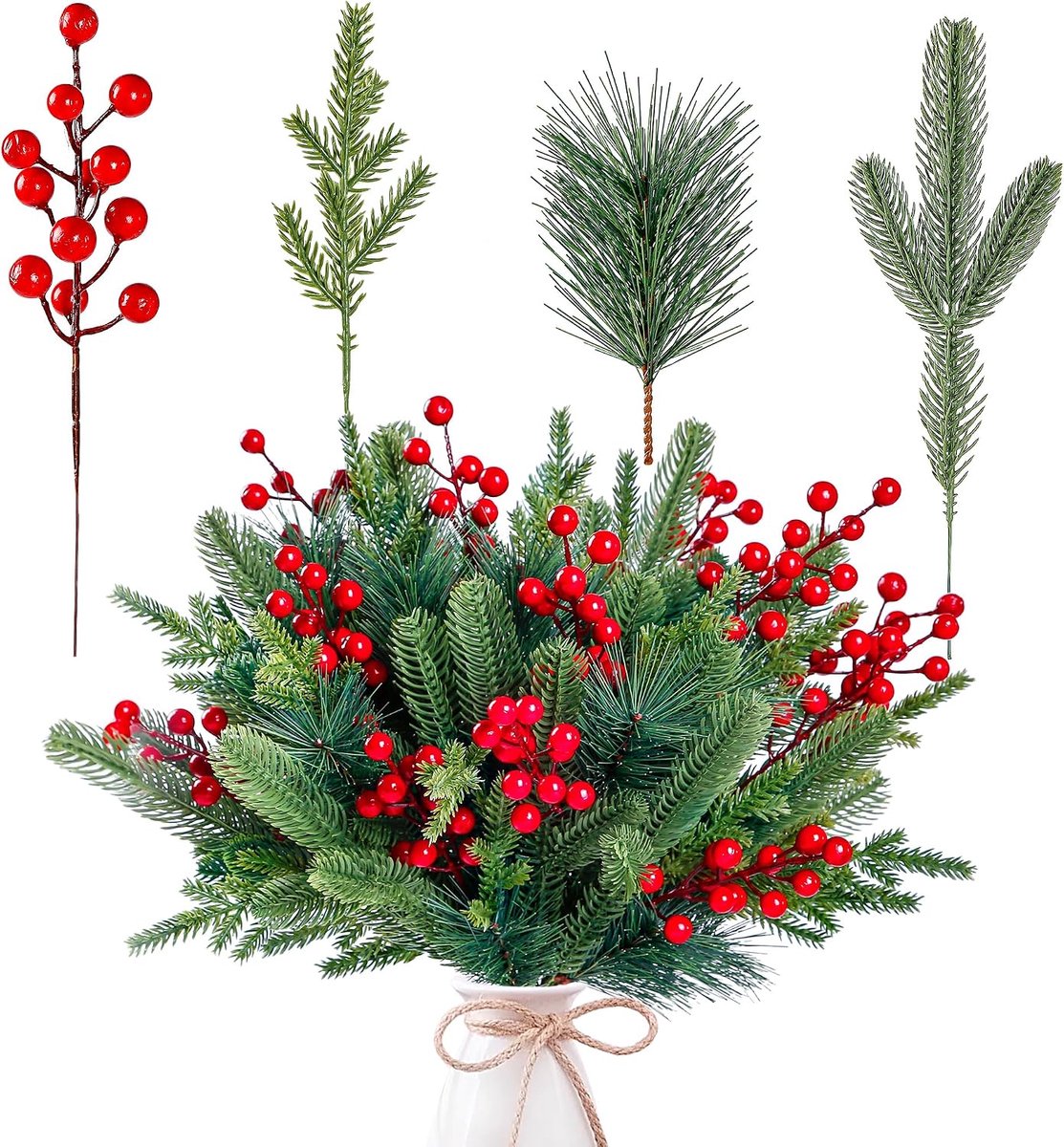 Claoner Kerstboom takken - 60 stuks kunstmatige dennennaalden - Met rode bessen - Groen - Voor DIY kerstkrans en decoratie