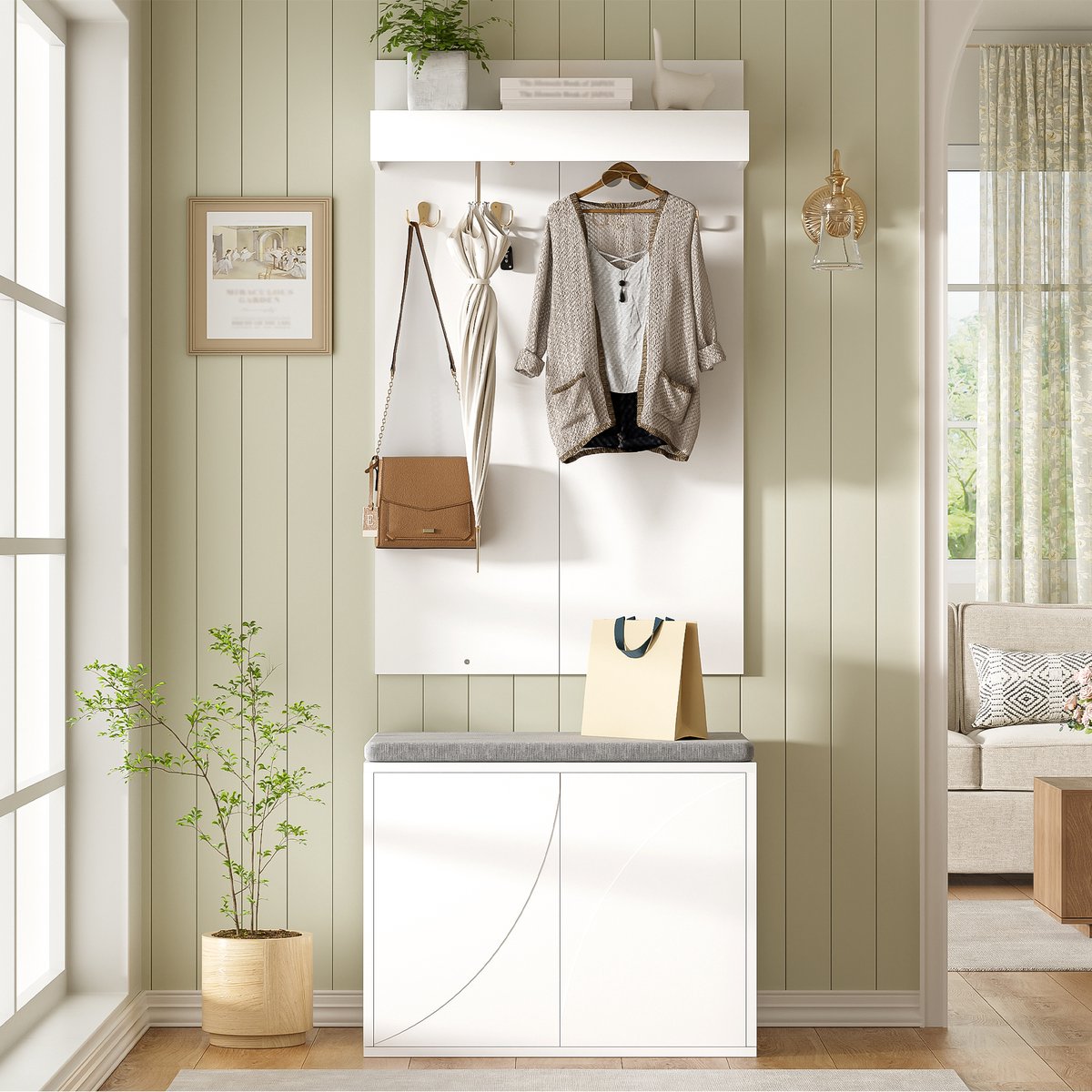Pugsdrly Garderobeset 3-in-1-set – kledingrek met 4 ingebouwde haken, schoenenkast met twee deuren en schoenenbank. Wit, 60 × 35 × (45 + 100) cm