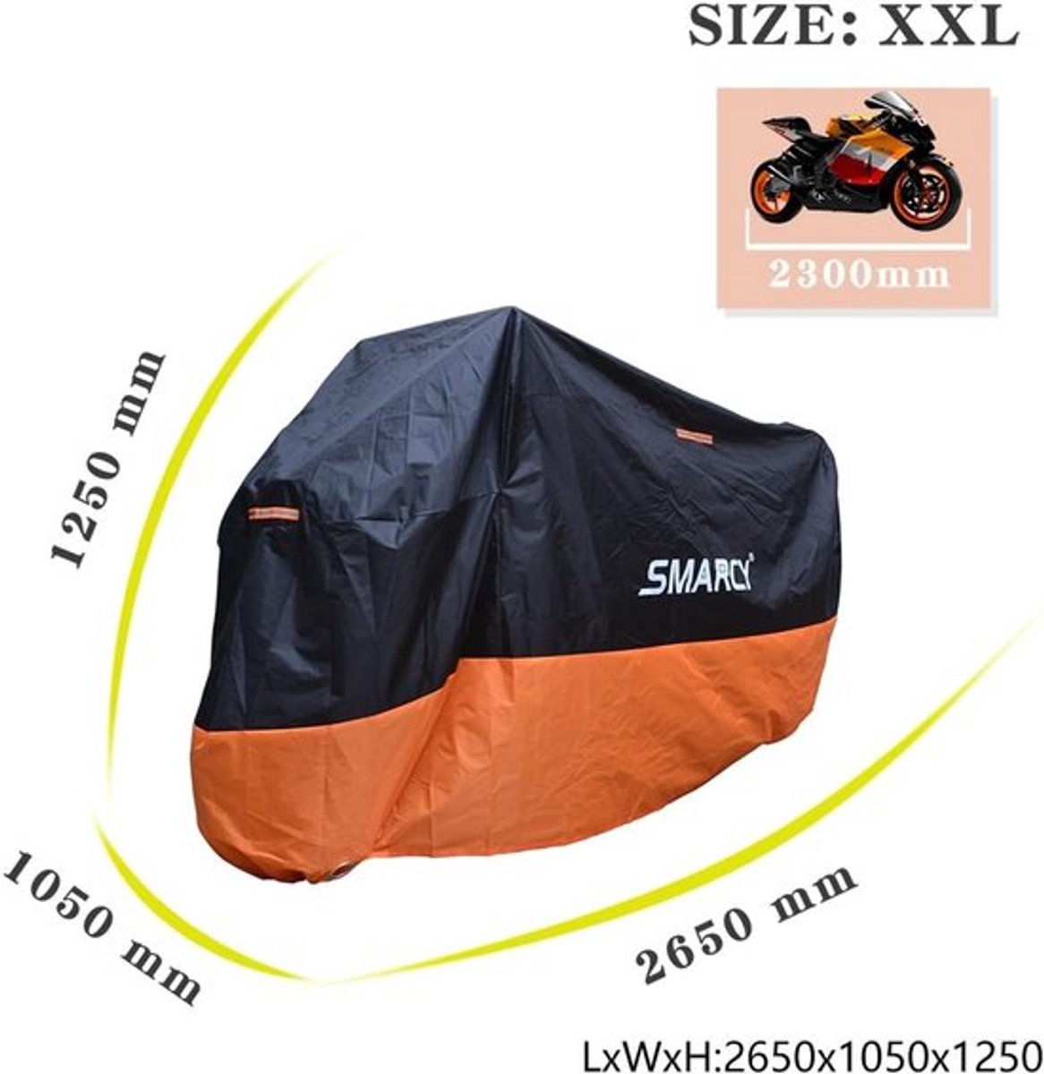 SnelShoppen - XXL Motorfiets Beschermhoes - Polyester Motor Cover - 125 x 105 x 265 cm - Zwart en Oranje - Bescherming tegen Weer en Diefstal – foto 3