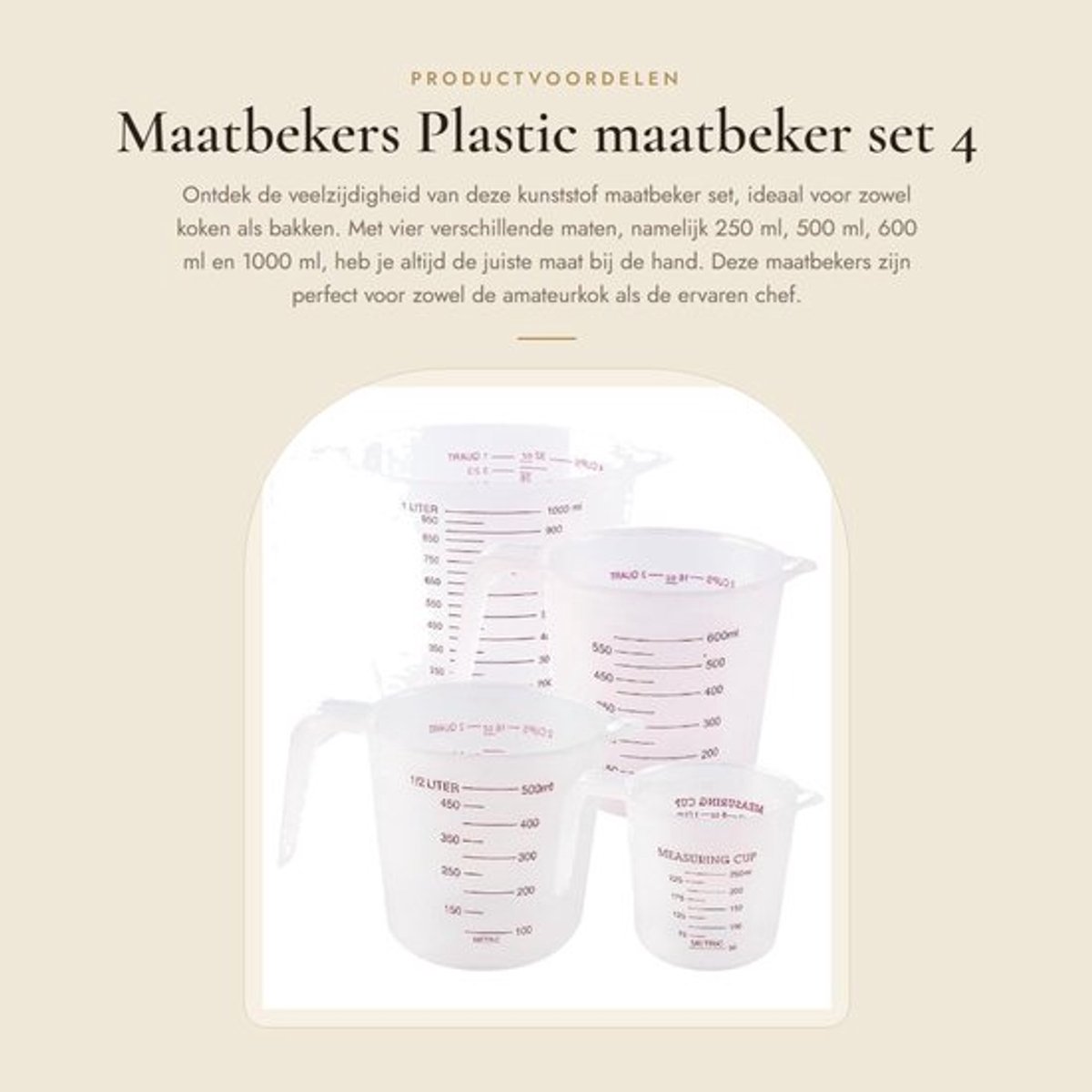 Maatbekers Set 4 Stuks - 250/500/600/1000 ml - Kunststof - Ergonomische Handgrepen - Nauwkeurige Metingen - Duurzaam Gebruik - Maatkan