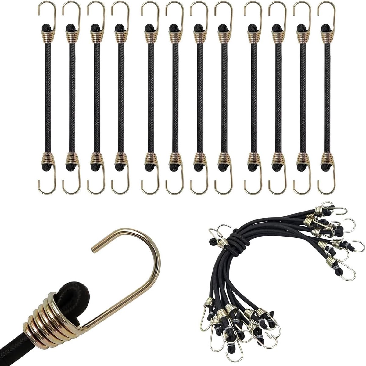 Expander Spanbanden - Zwart - Set van 12 Stuks - Verstelbare Rubber met Haken - Voor Outdoor en Huishouden