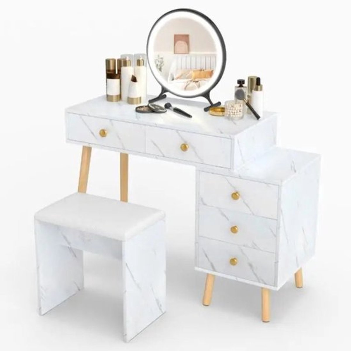 Kaptafel met verlichting, kaptafel met afneembare spiegel, 3 verlichtingsmodi, 5 laden, wit