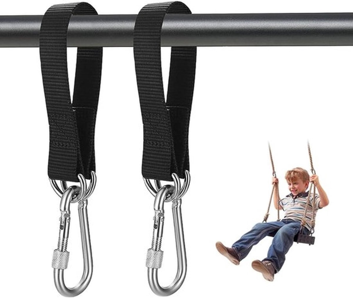 Hangriemen 55 cm - Schommelbevestiging - Zware Hangriemen - Roestvrijstalen Karabijnhaak - Scheurvast Nylon - Tot 400 kg Draagvermogen