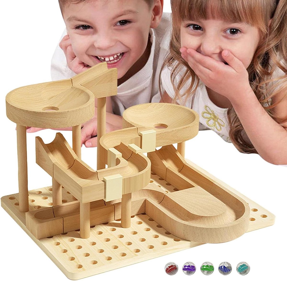 Houten Puzzel Labyrint - Knikkerbaan Constructie - Fantasie Ontwikkelen - Gladde Houten Onderdelen - 25 x 18 x 18 cm