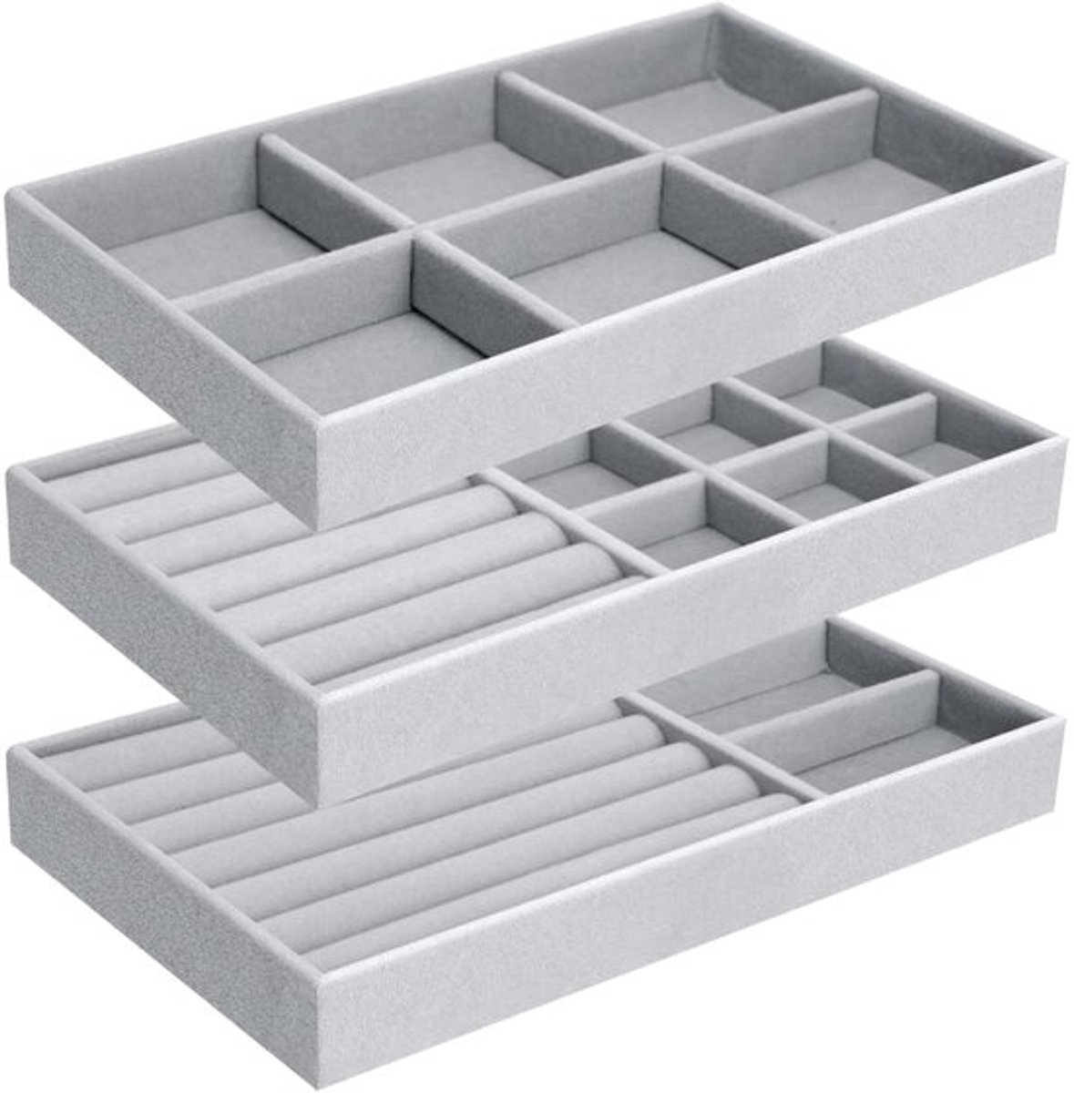 Sieradenbox 3-delig - Opbergdoos voor Ringen/Oorbellen/Hangertjes - Verstelbare Indeling - Hoogwaardige Velvet - 21 x 12,5 x 2,5 cm - Juwelendoos