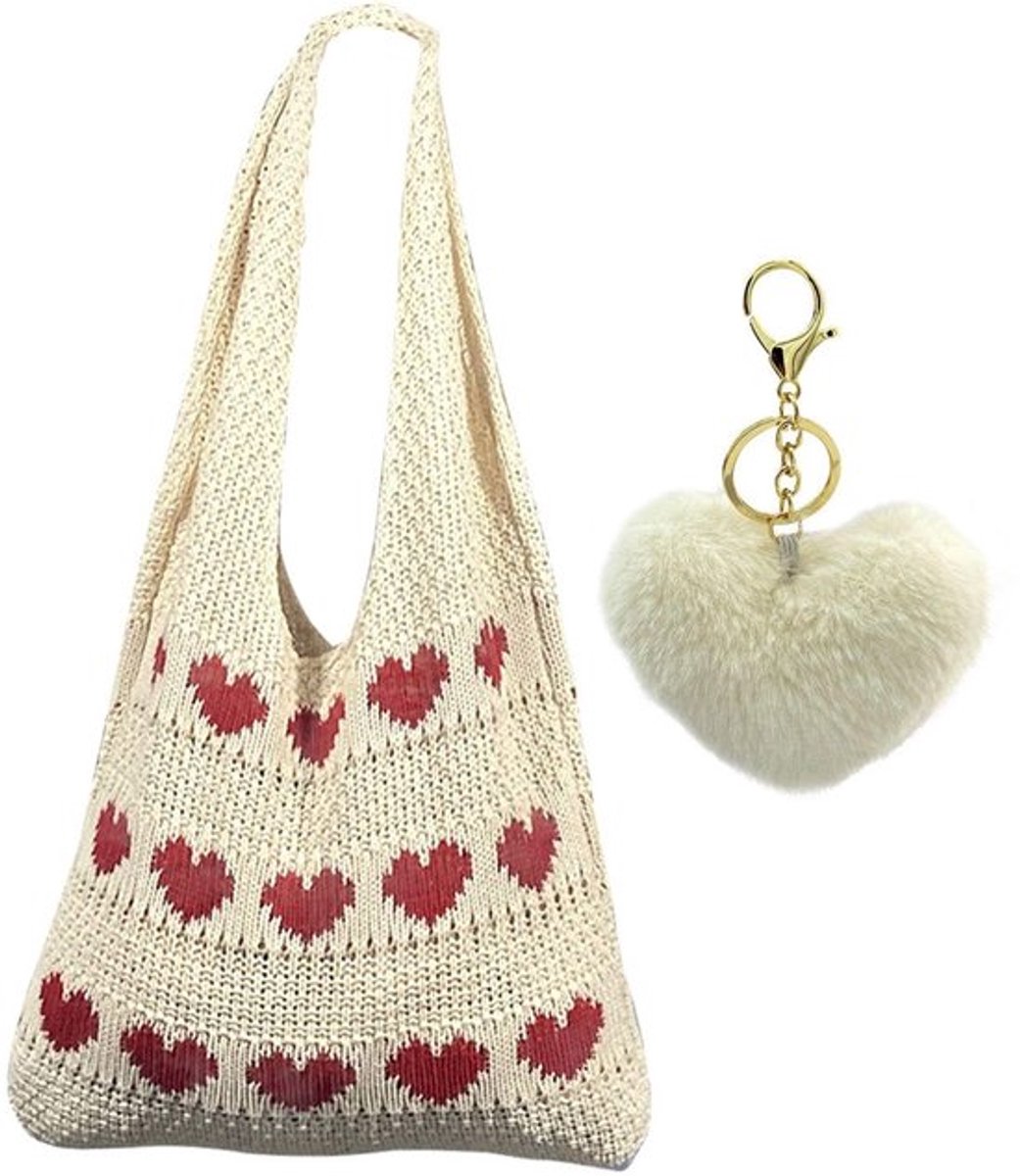 Handtas grote capaciteit - Gebreide Schoudertas - Casual Dameshandtas - Pluche Sleutelhanger - Katoen - Abrikoos 37x52 cm