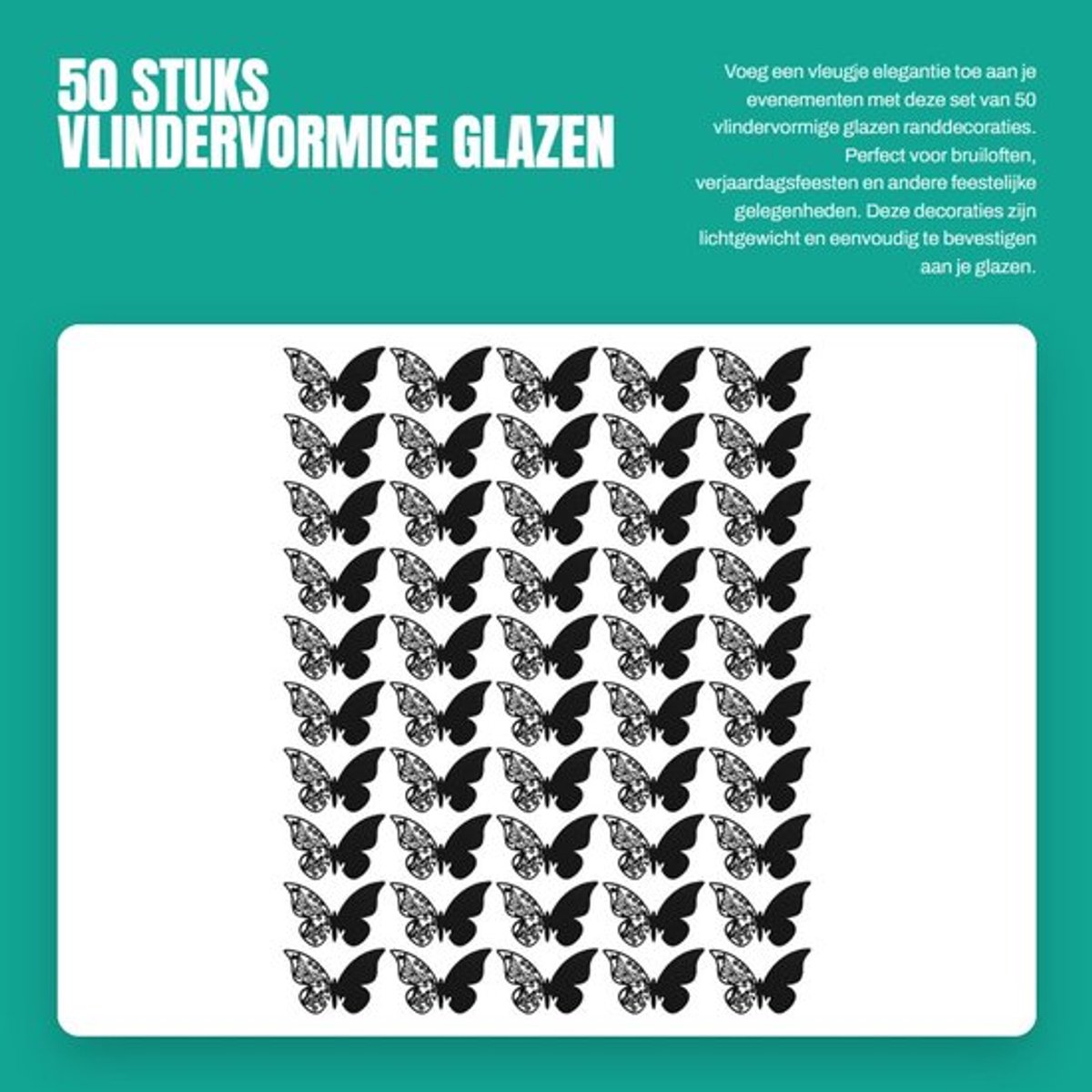 Randdecoraties 50 Stuks - Vlindervormig - Zwart - Lichtgewicht - Herbruikbaar - 11x7 cm - Glasdecoratie