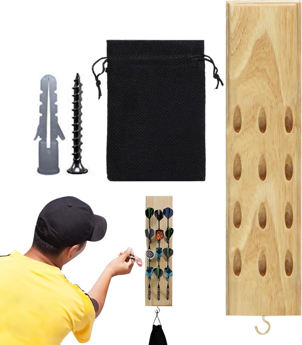 Dartstandaard Hout - Dartpijlen Houder - Darts Organiseren - 12 Pijlen Vakken - 40 x 10 cm - Natuurlijk Hout