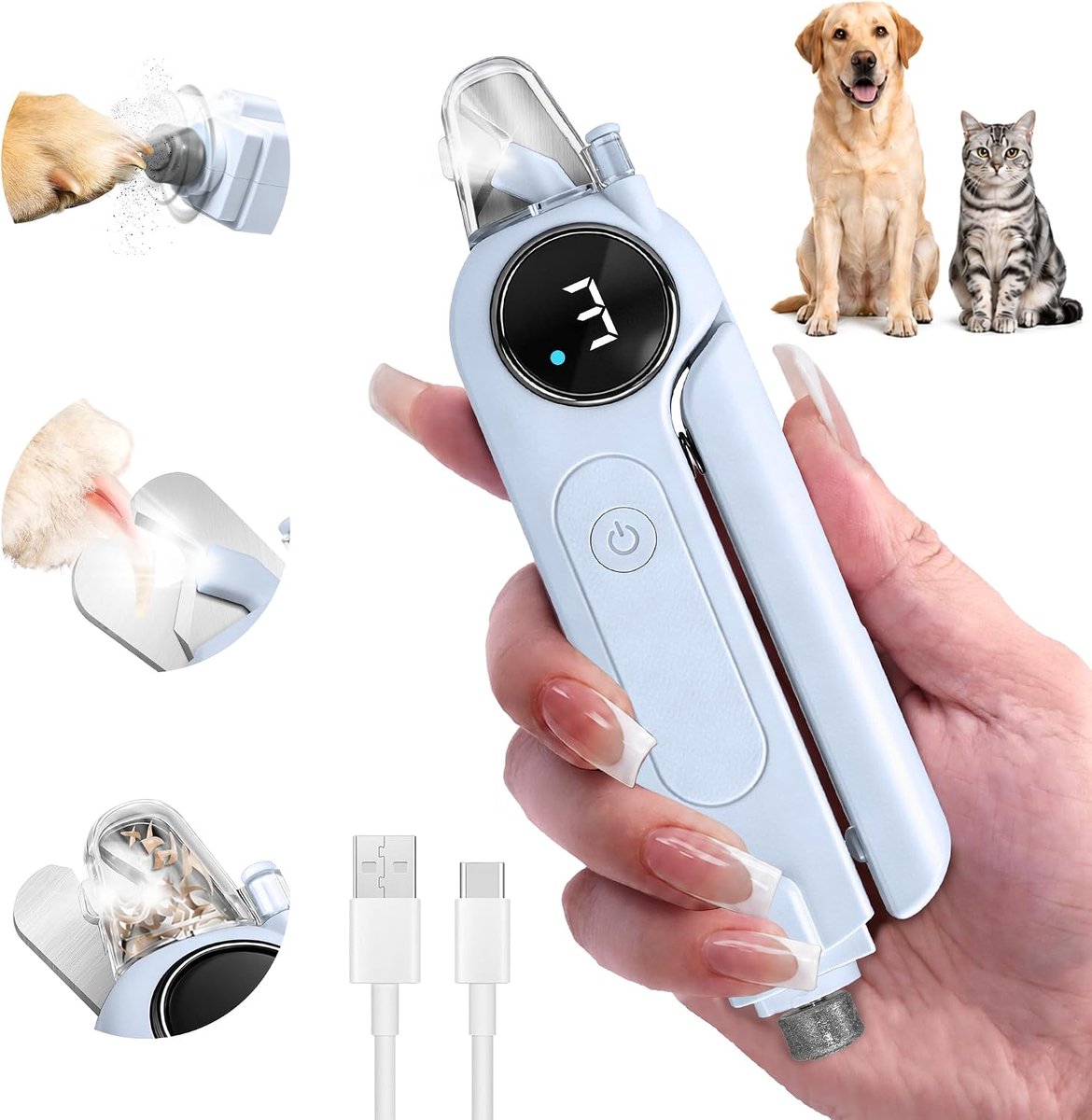 Stille 2-in-1 Elektrische Nagelknipper en – Slijper voor Huisdieren met Verlichting – Elektrische Nagelvijl voor Huisdieren - voor Honden en Katten – Dubbele Ledverlichting –Slijper met 3 Snelheden – Oplaadbaar Via USB-C – Blauw