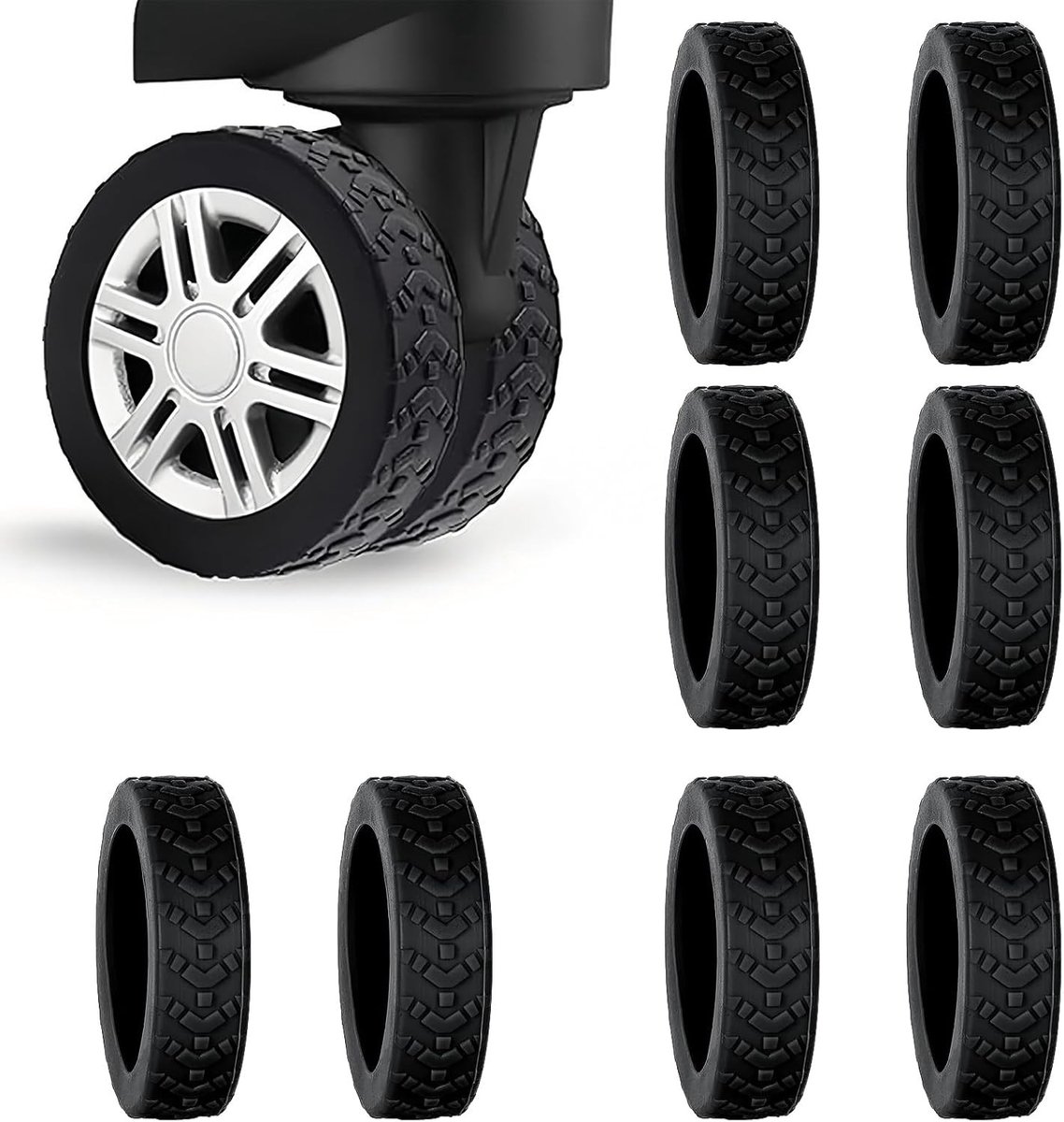 Set van 8 Universele Kofferswielhoezen - Bescherming tegen Slijtage en Schade, Zwart, 2x1.5cm, Ideaal voor Reizen en Vakanties