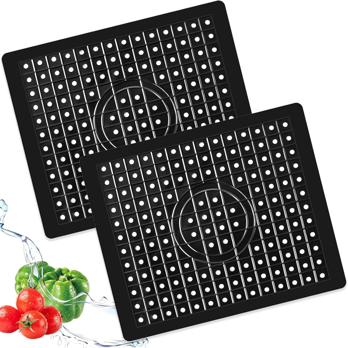 Afdruiprek Mat - Afdruipmat -Wastafel Inzetstukken- Rubberen Gootsteenmat - 31 x 26 cm - Veelzijdig - Zwart - 2 stuks