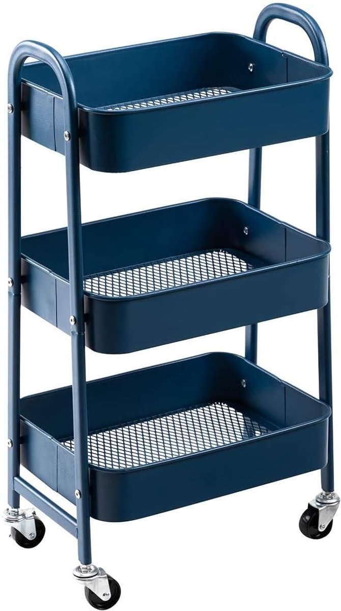 Opslagwagen met 3 niveaus van metaal, handige rolwagen met wielen voor keuken, make-up, badkamer en kantoor, marineblauw