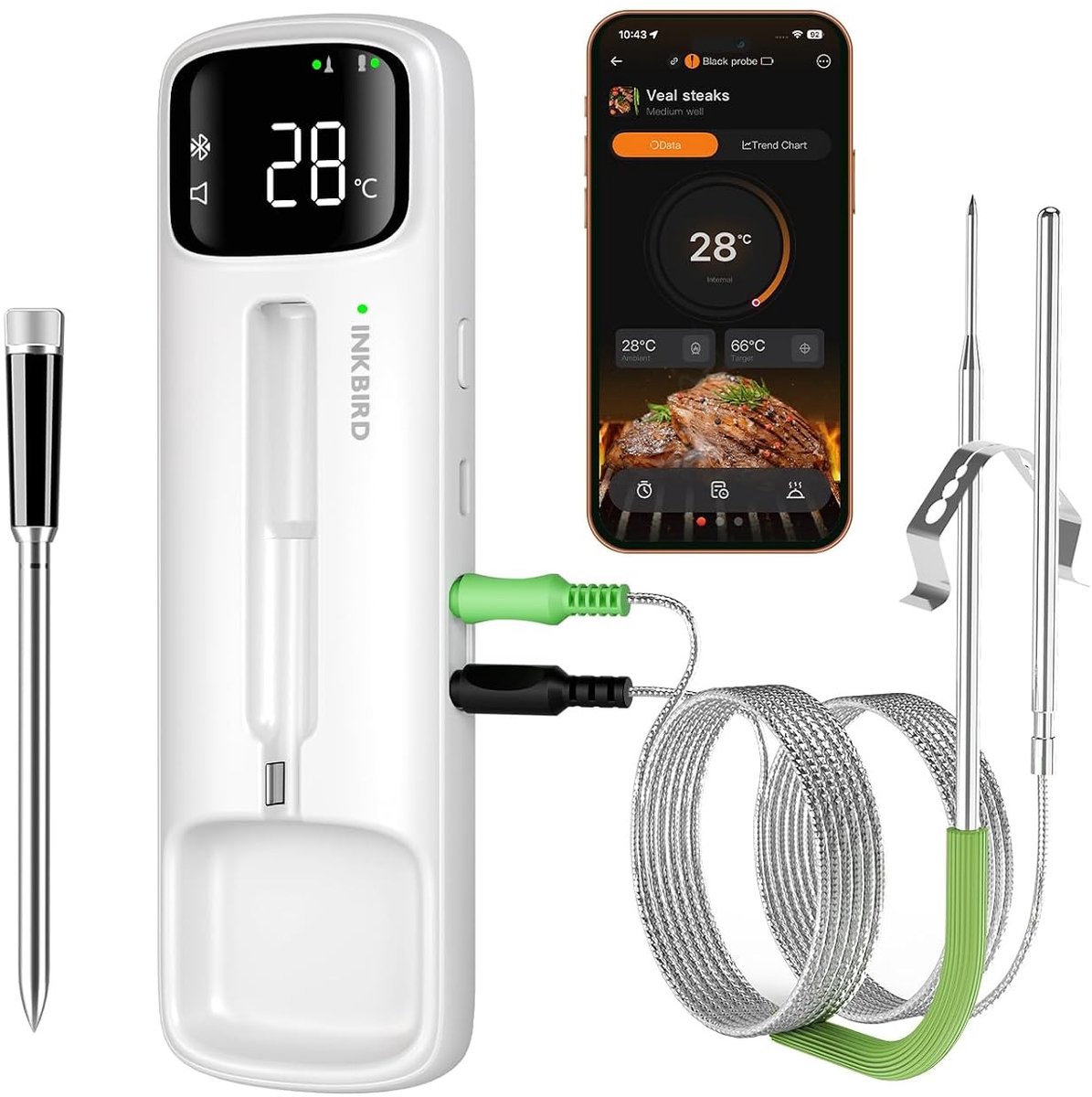 Draadloze vleesthermometer - Zwart - Met 2 sondes - Waterdicht en Bluetooth - Voor barbecue en oven