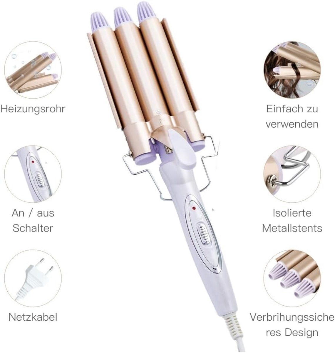 Wafeltang haar - Zwart - 22 mm - Keramische Krultang met 3 Vaten - Voor Alle Haartypes