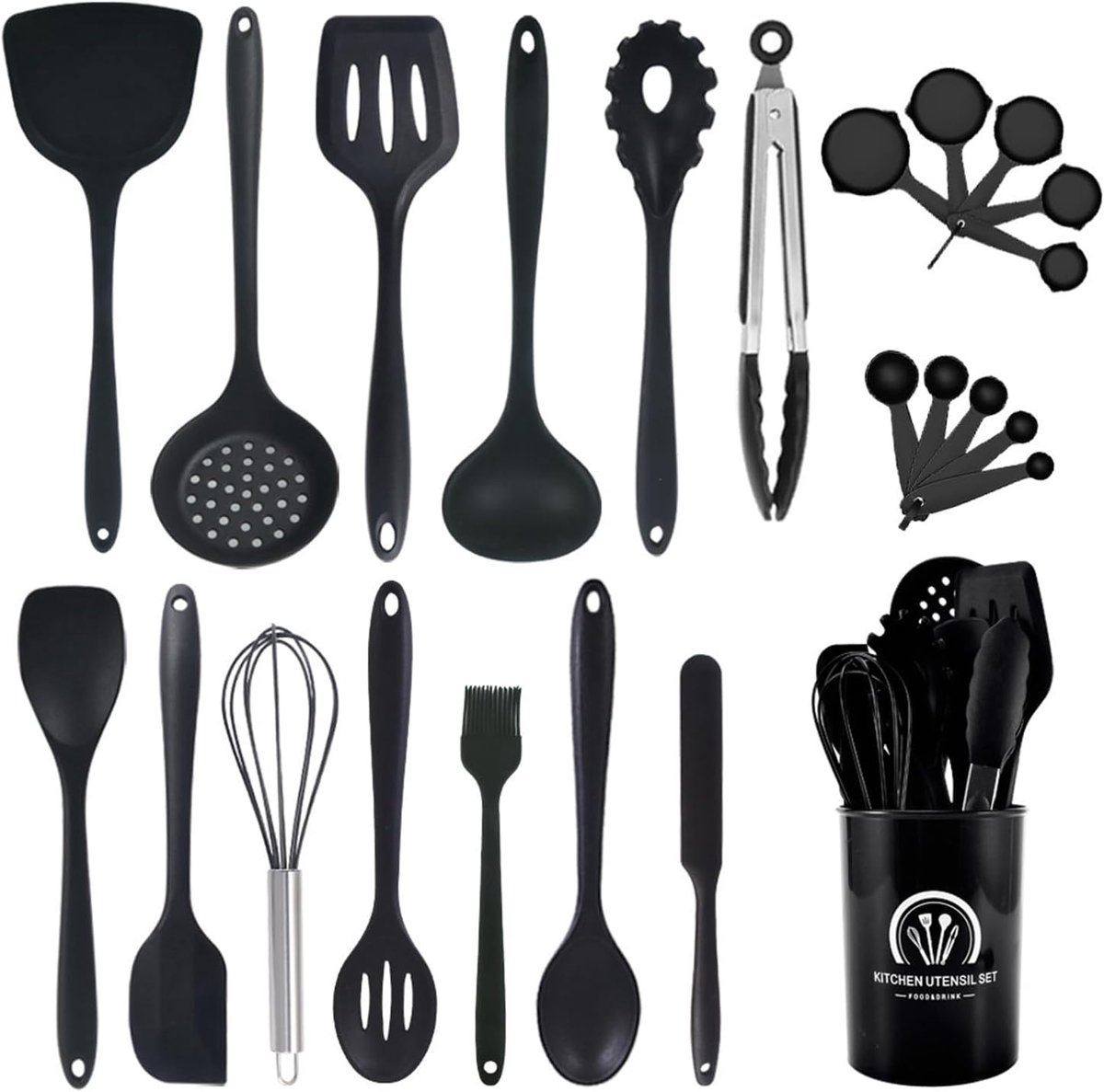 MODFU Compact 24-delig Silicone Keukengerei Set – Praktische Basis-set met Spatels, Lepels en Garde – Hittebestendig & Krasvrij – BPA-vrij Veilig Koken en Bakken – Zwart