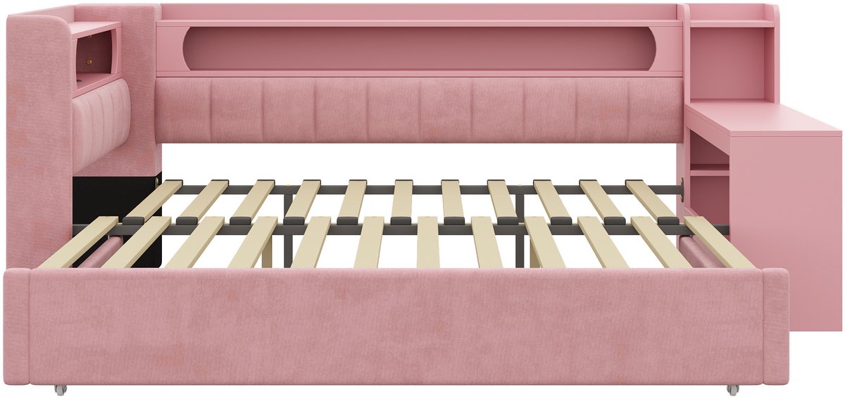 Wishdor Bedbank 90x200 cm - Uitschuifbed tot 180x200 cm - Bureau - LED-verlichting - USB-aansluiting - stoffen bekleding - roze
