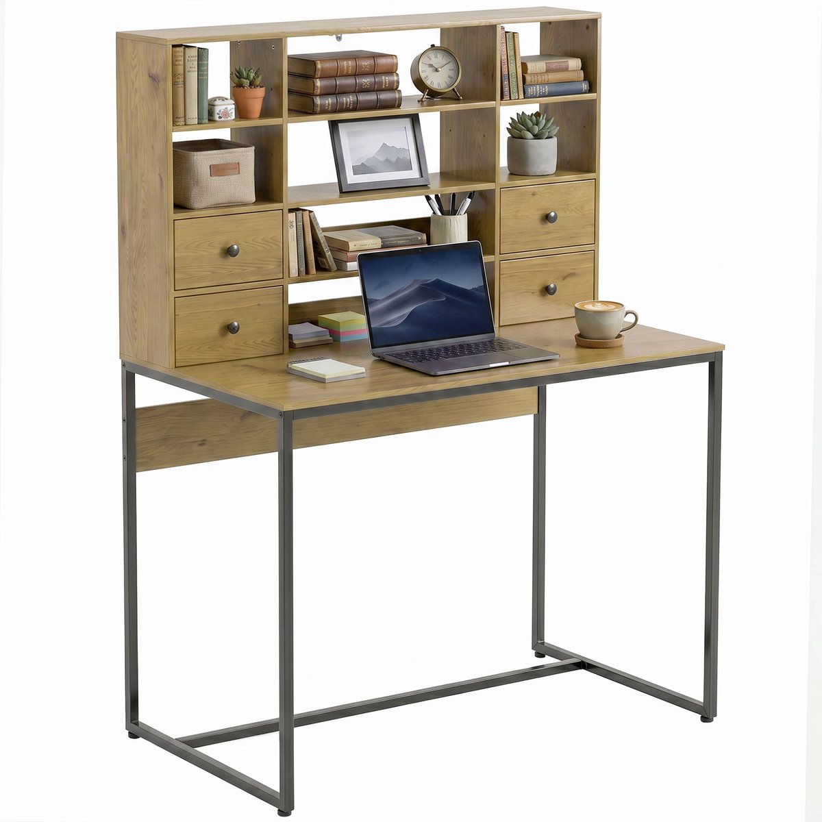 Computerbureau met 4 lades en planken - bureau 105 cm - naturel hout