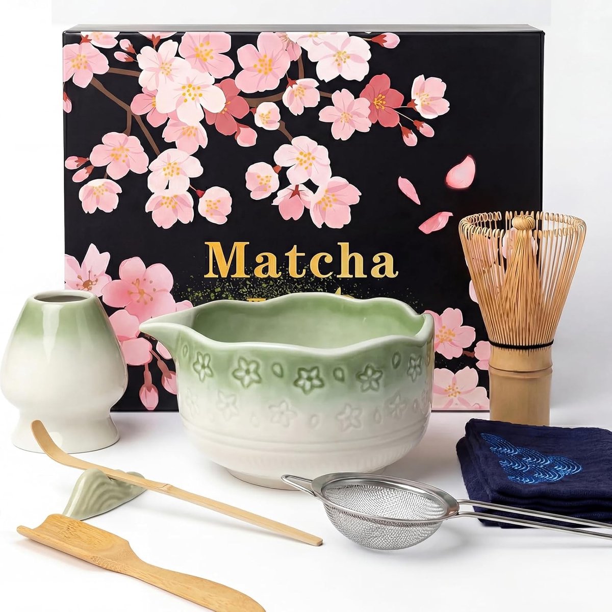 Matcha set - Groen kleurverloop - 8-delig - Keramisch en Bamboe - Voor Theeceremonies