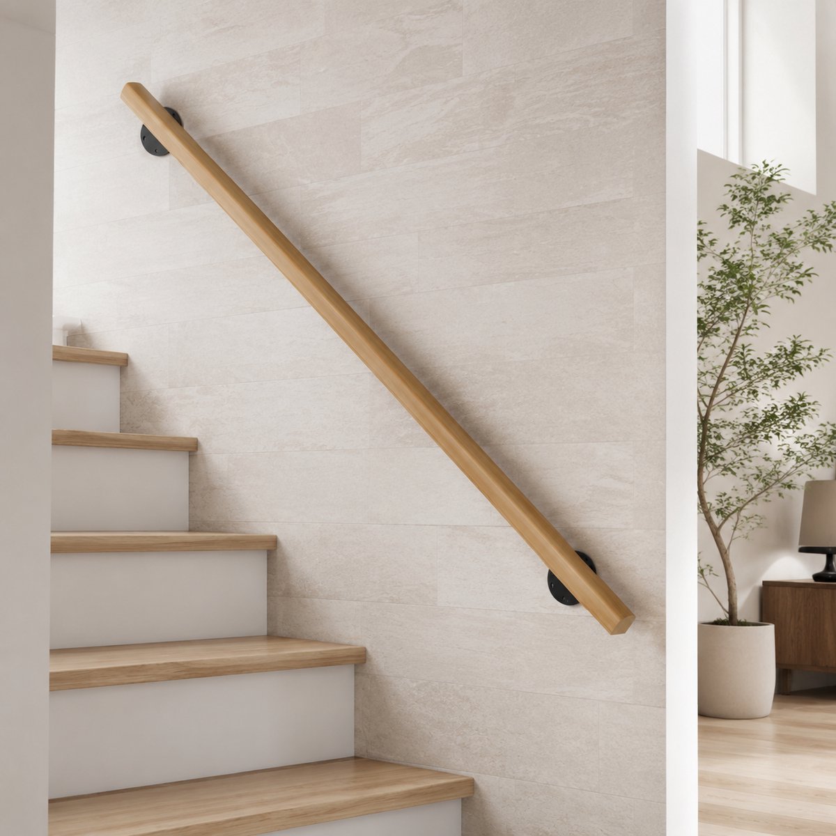 Froadp 150cm Trapleuning Wandleuning Massief Beukenhout Houtkleur Profiel Plats Woonhuis Gang Kelder Zolder Binnenruimte Trap