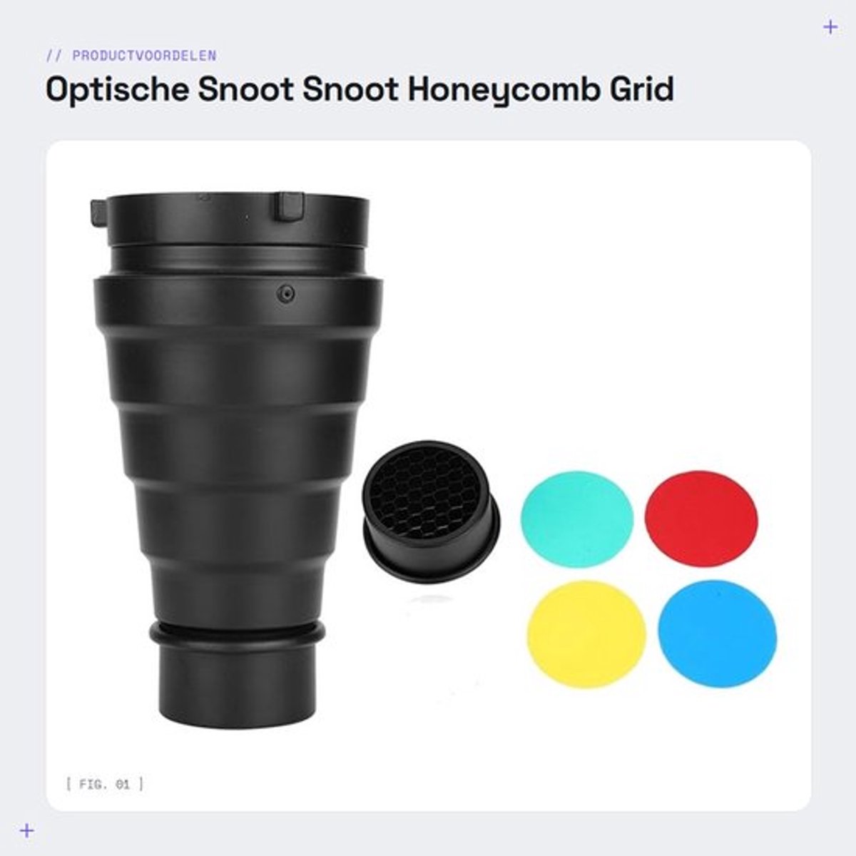 Snoot met Honingraatraster - Aluminium Filterhouder - 4 Gelfilters - Lichtstraal Tube - Voor Studio Strobe Flash - Gewicht 255g - Lichtaccessoire