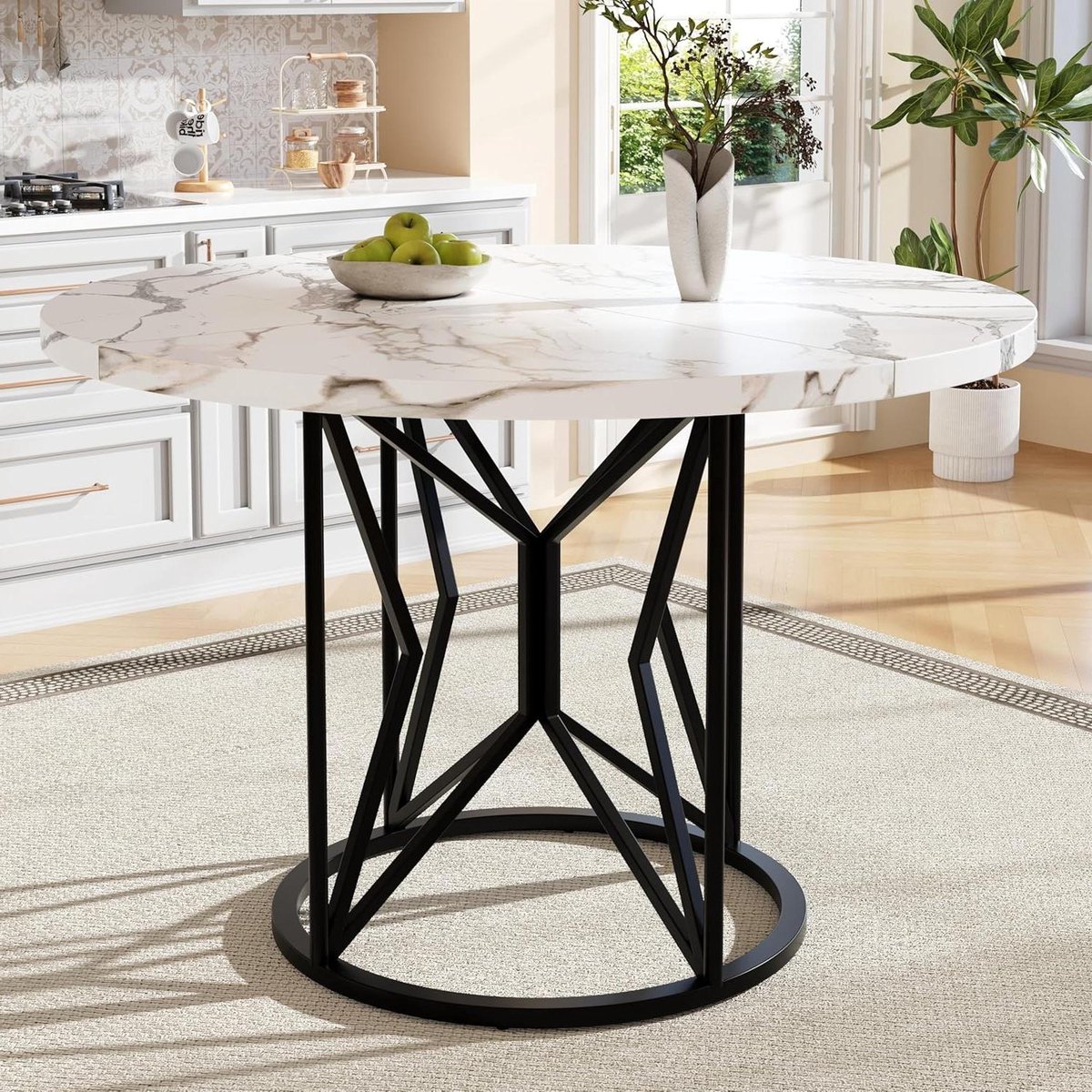 Ronde Eettafel - Eettafel Rond - Gezellig Tafelen - Marmerlook Tafelblad - 100 cm Diameter - Wit