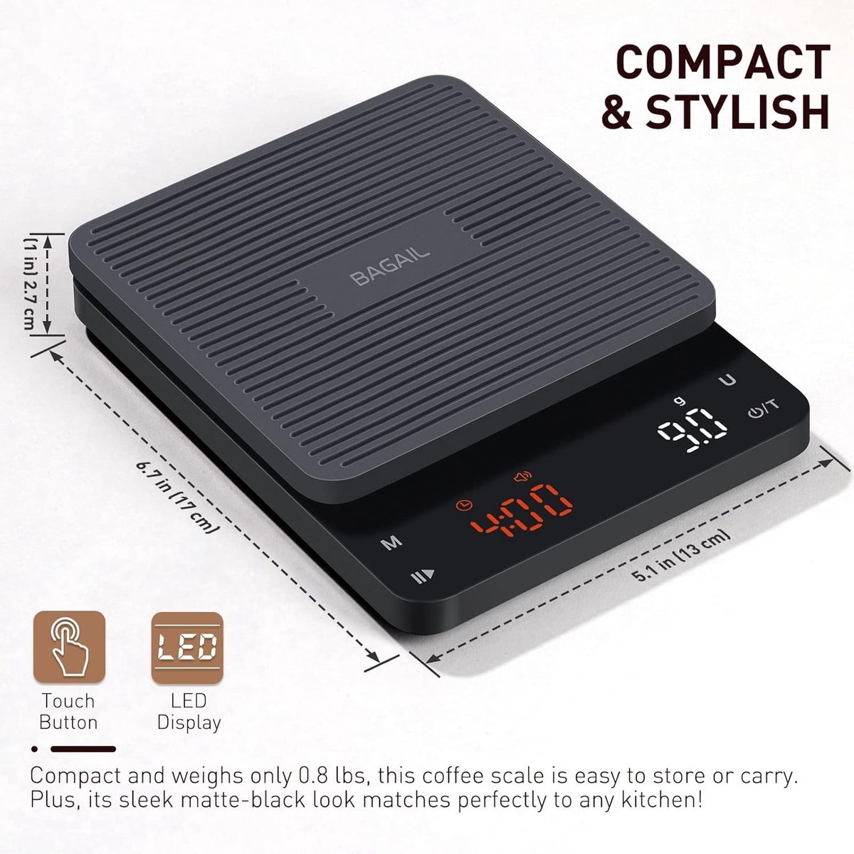 Microweegschaal - Zwart - 16,5 x 13 x 3 cm - Digitale Koffieweegschaal met Timer en Oplaadbare Batterij - Voor Keuken en Koffieliefhebbers