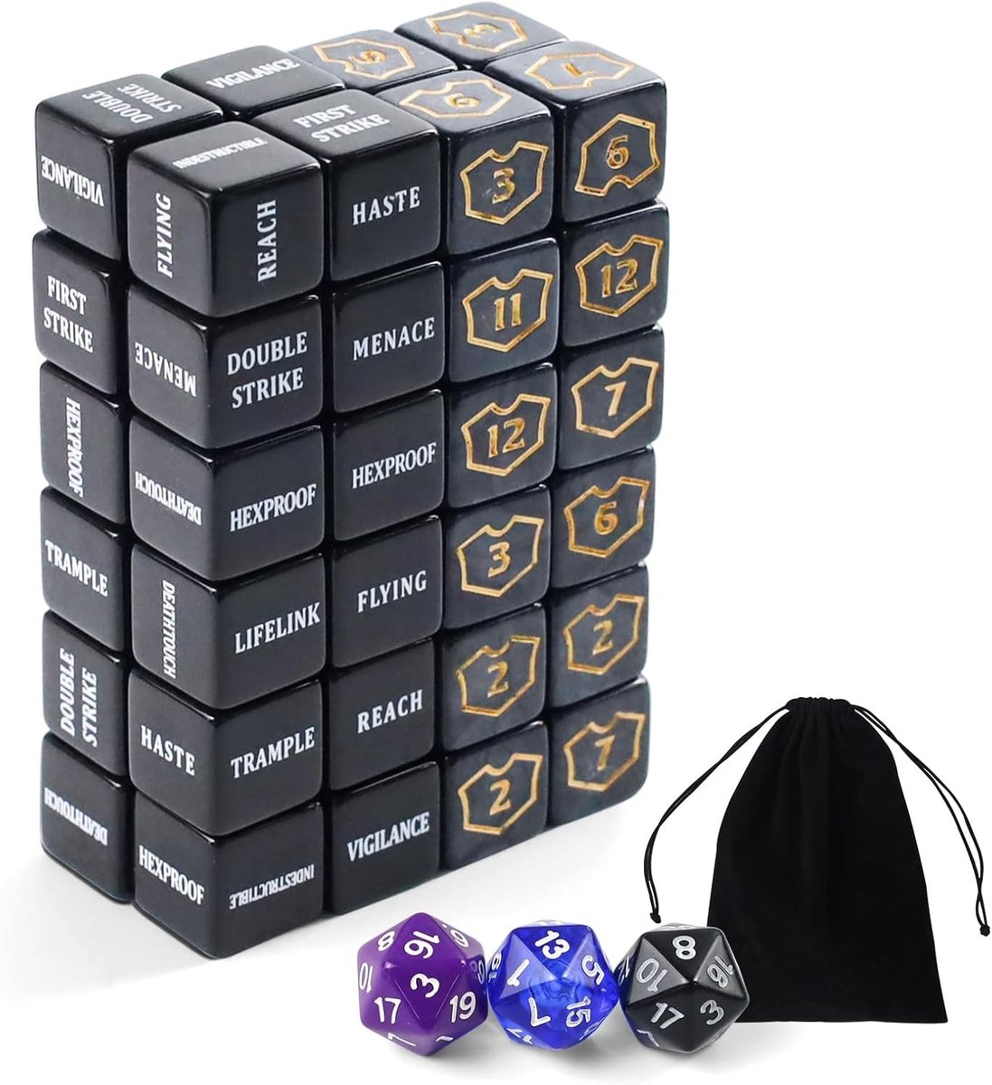 51 Stuks Dobbelstenen Set voor Kaartspellen, Levensteller en Ability Keyword Teller met D20-dobbelstenen en Zwarte Tas