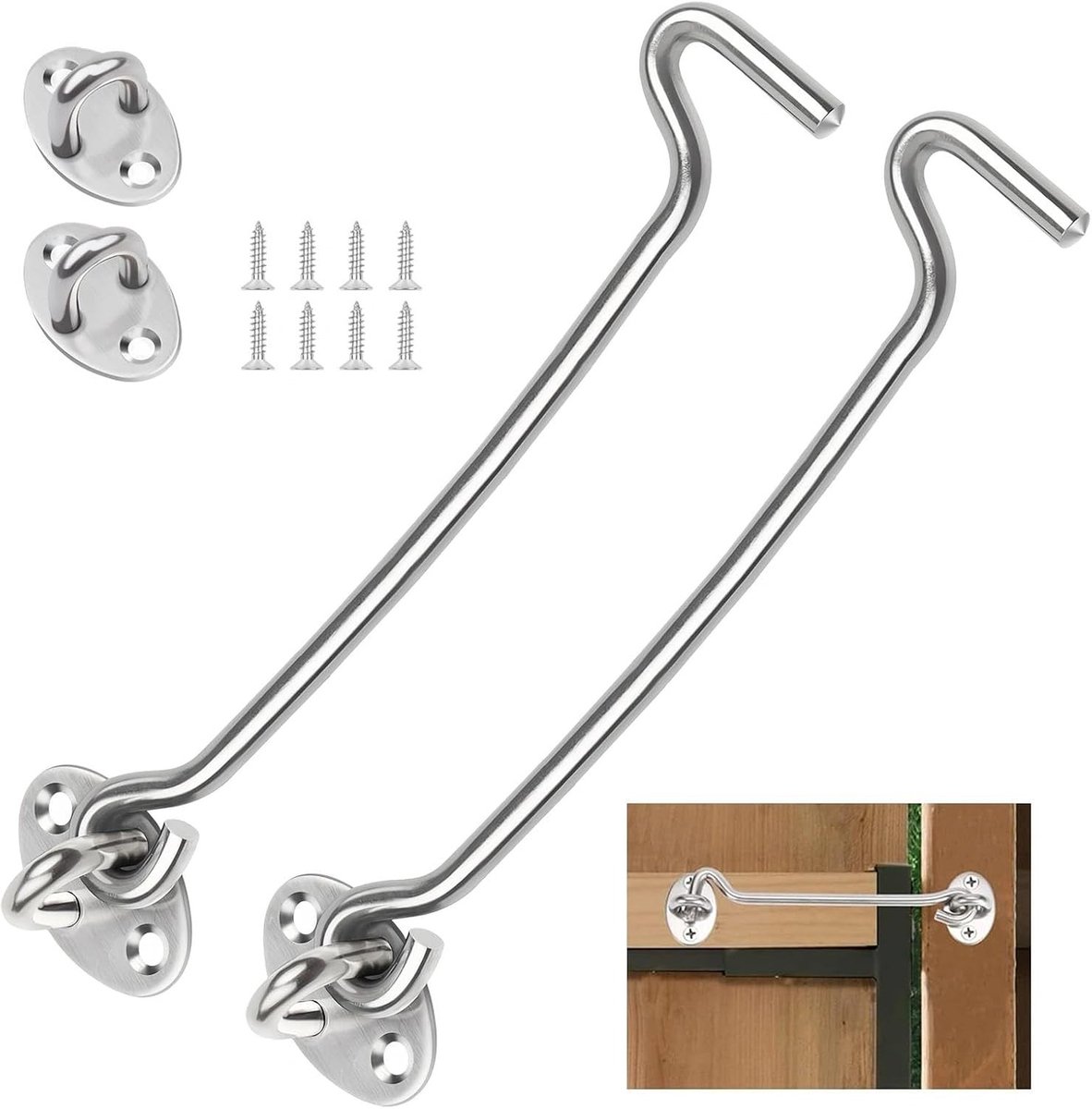Stormhaken met Ogen - Zilver - 250 mm - Roestvrijstalen Haken voor Tuinsloten en Garagedeuren - Voor Bevestiging