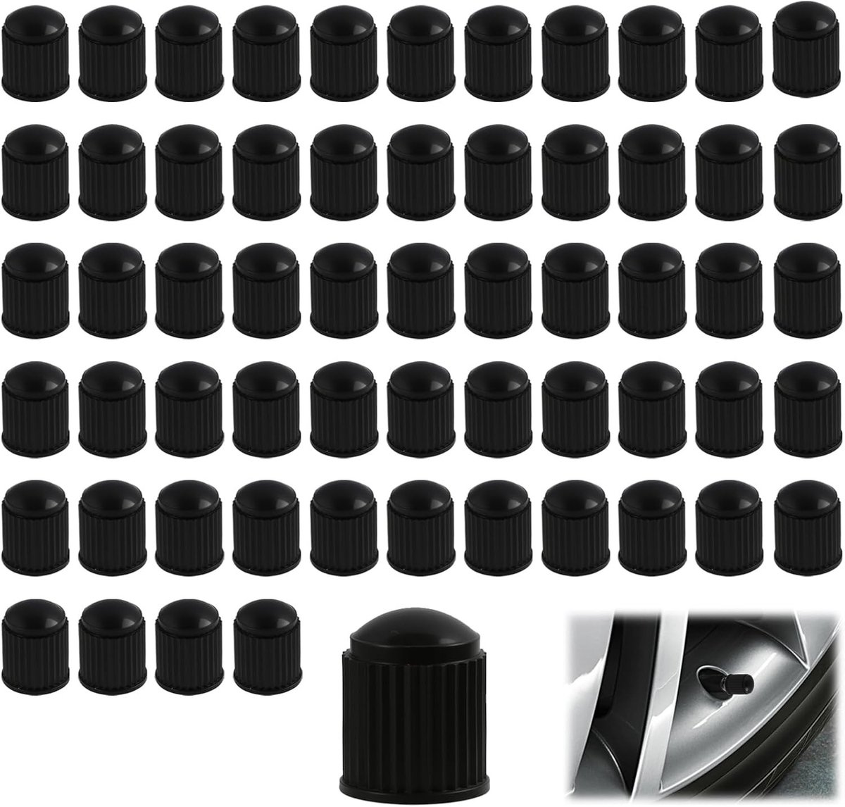 Set van 60 Plastic Ventieldoppen met Rubberafdichting, Universeel voor Auto's, Fietsen en Motoren, Stof- en Luchtbestendig, Zwart Ventieldop